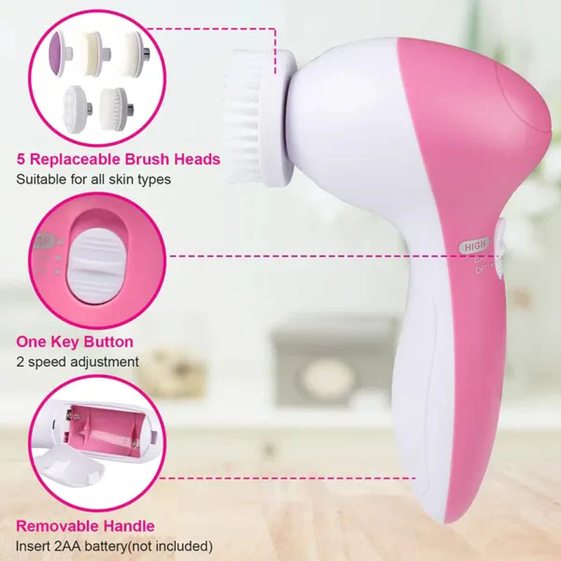 Waterproof Facial Cleansing Brush with 5 Brush Heads, Electric Face Scrubber