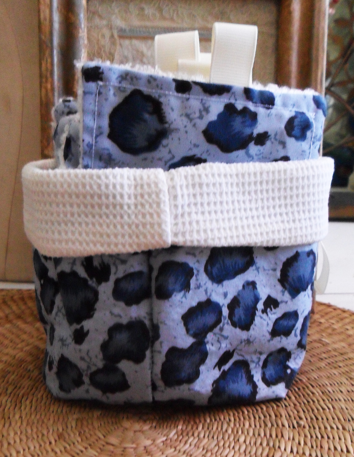Handmade Reusable MAKEUP Removal PADS in Basket, Blue Leopard Print, Terry Cloth