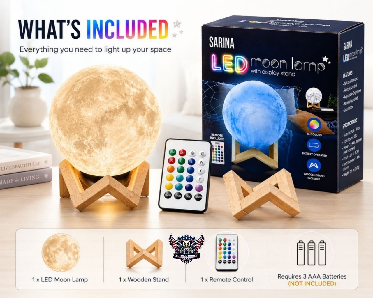 Sarina LED Moon Lamp Night Light 16 Colors Remote Wooden Display Stand Battery P