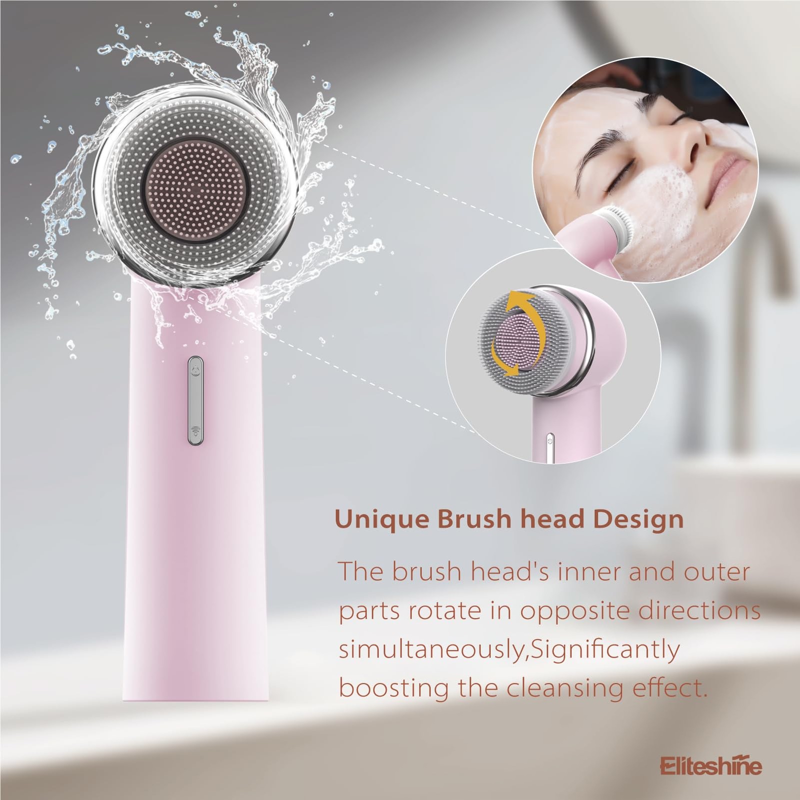 Cleanser Brush Equipped with Dual-Rotating Silicone and Bristle Brushheads,Re…