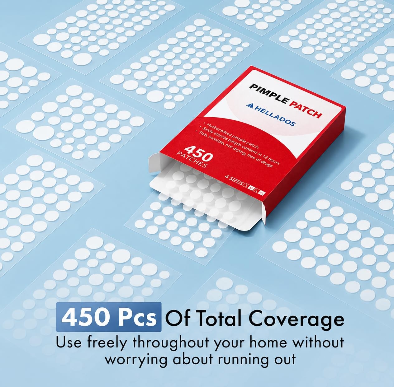 Hellados™ 450 Pimple Patches For Face, 4 Size Acne 8mm, 10mm, 12mm, 14mm