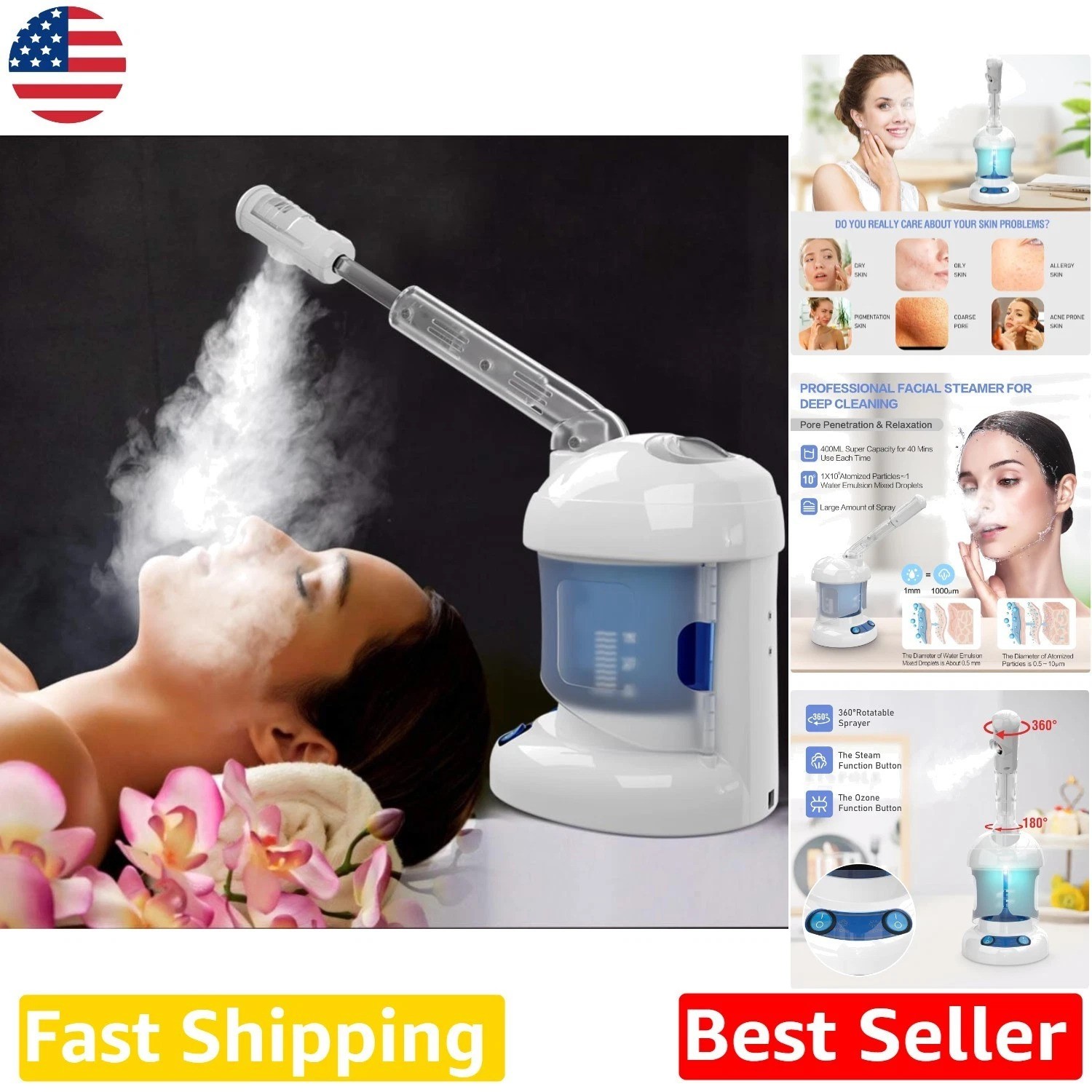 Professional Facial Steamer, Ozone Nano Ionic, Deep Clean, Hydrate, 400ml, White