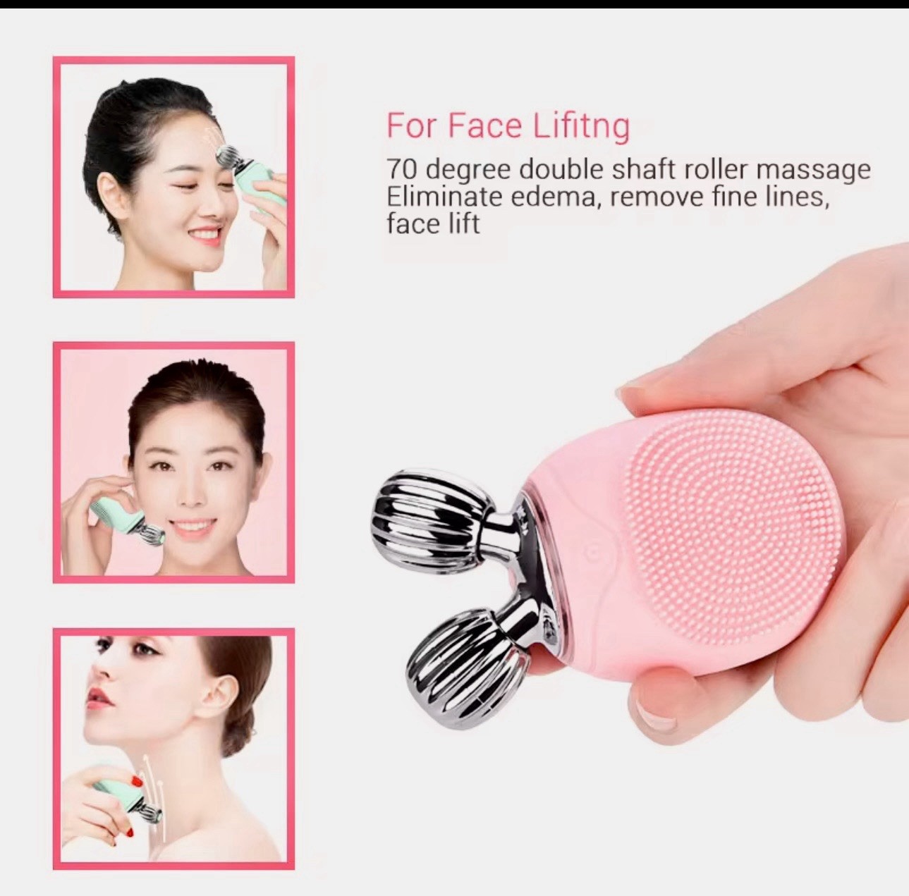 BORN FOR BEAUTY Mini Roller Facial Brush Silicone 5-Speed USB Waterproof Pink