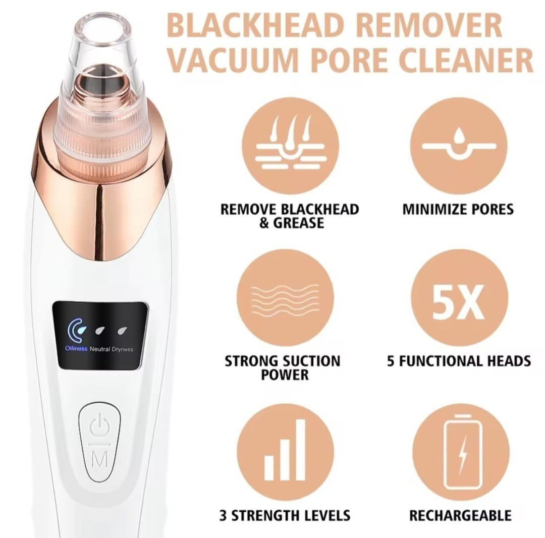 Rechargeable Blackhead Remover Vacuum Pore Cleaner 3 Levels 5 Heads White Gold