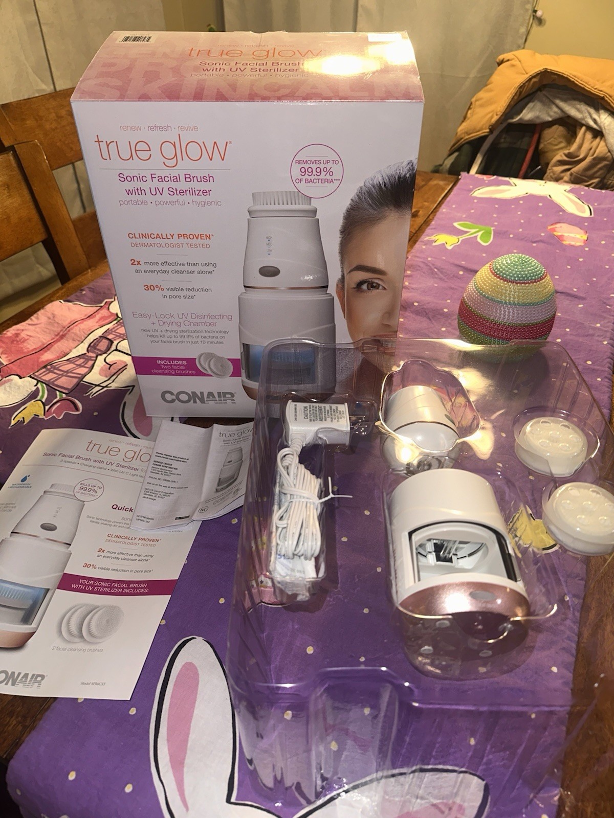 New! True Glow Conair Sonic Facial Brush with UV Sterilizer- Plus Accessories