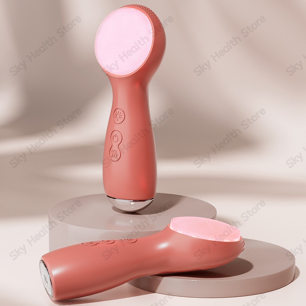 Colorful LED Silicone Face Wash Brush，vibration heated facial cleansing brush