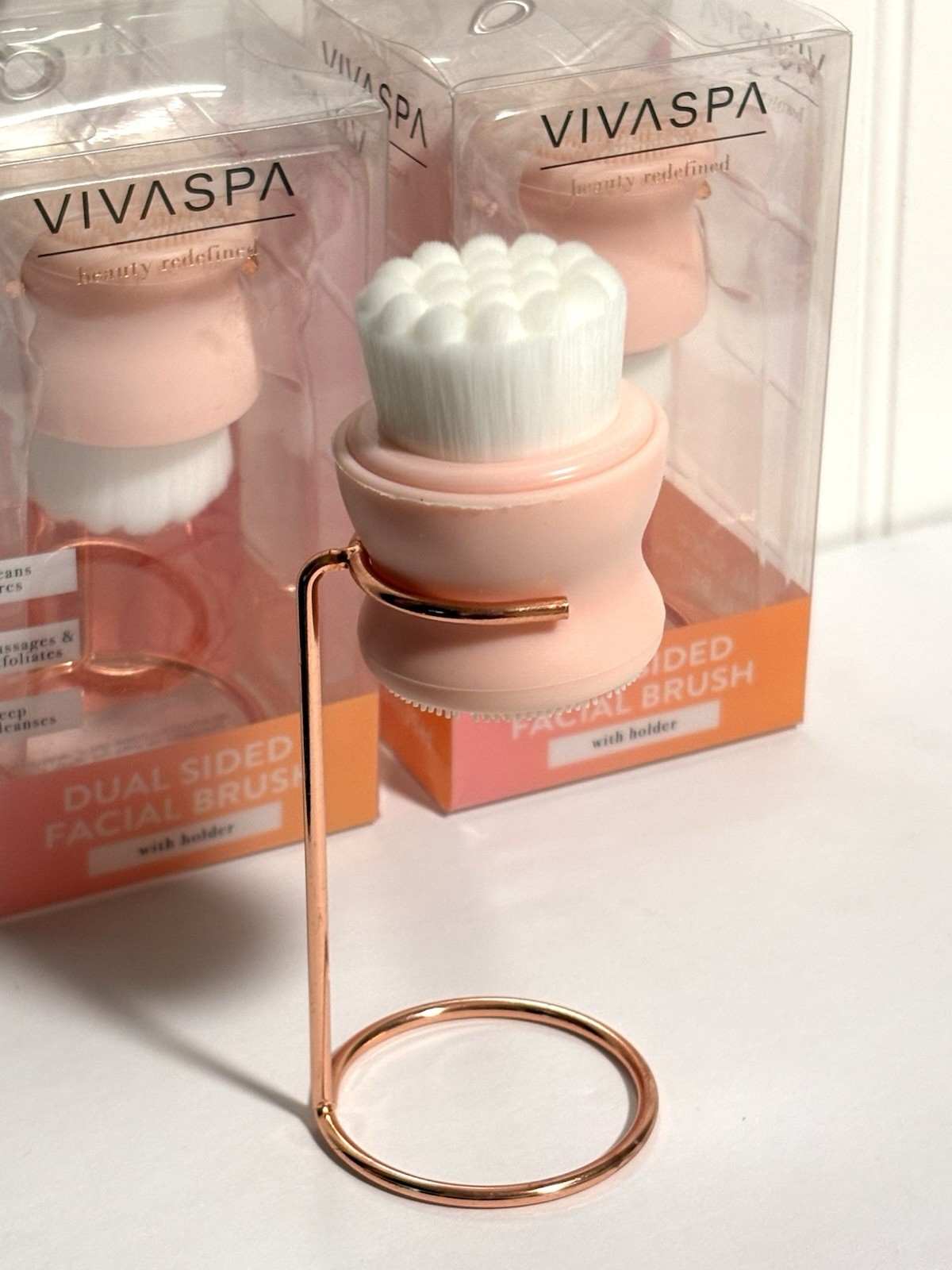 Lot Of 2 New VivaSpa Dual Sided Facial Brush w Holder Cleans Pores Exfoliating
