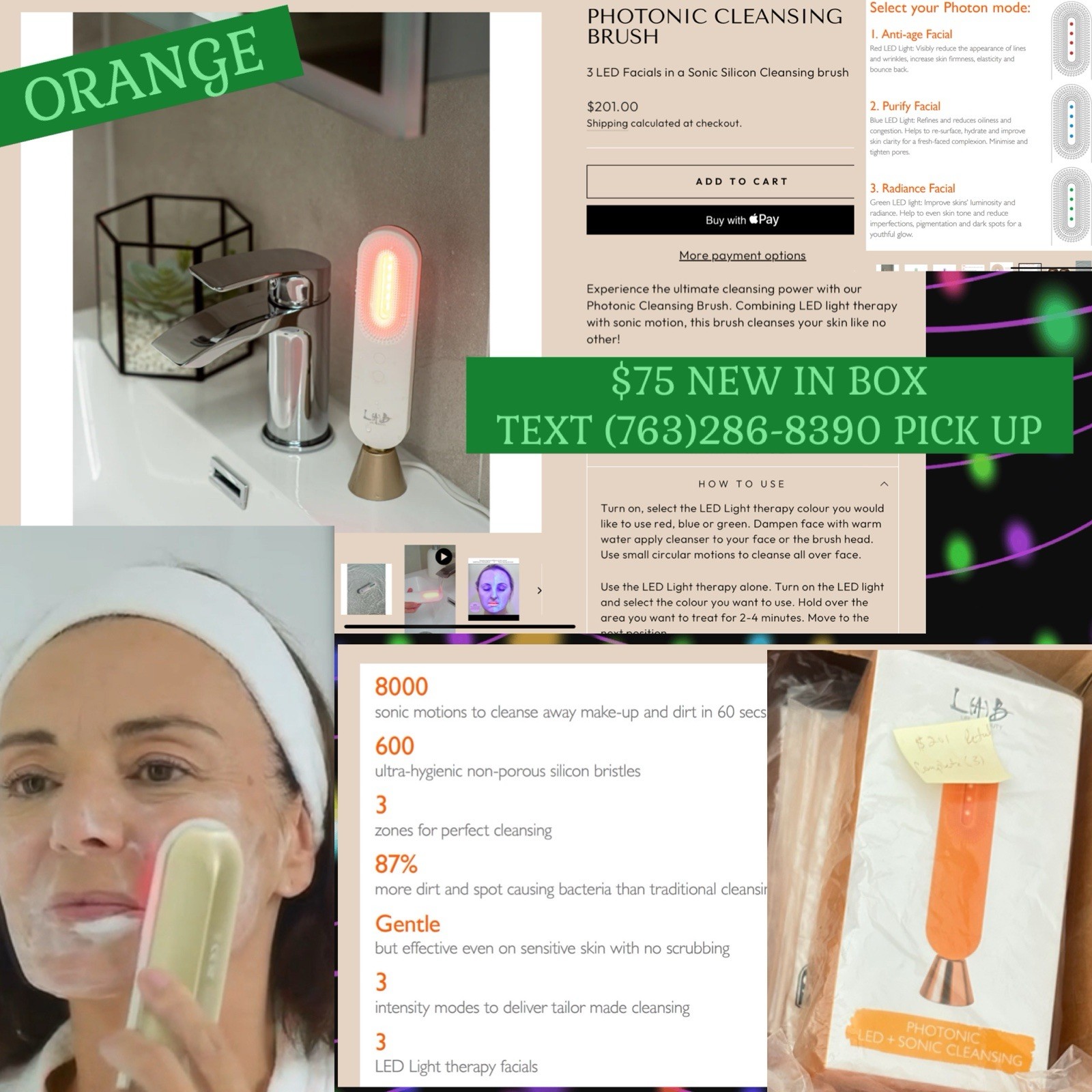 PHOTONIC CLEANSING BRUSH Silicone SONIC FACE Brush W LED RED LIGHT THERAPY BLUE