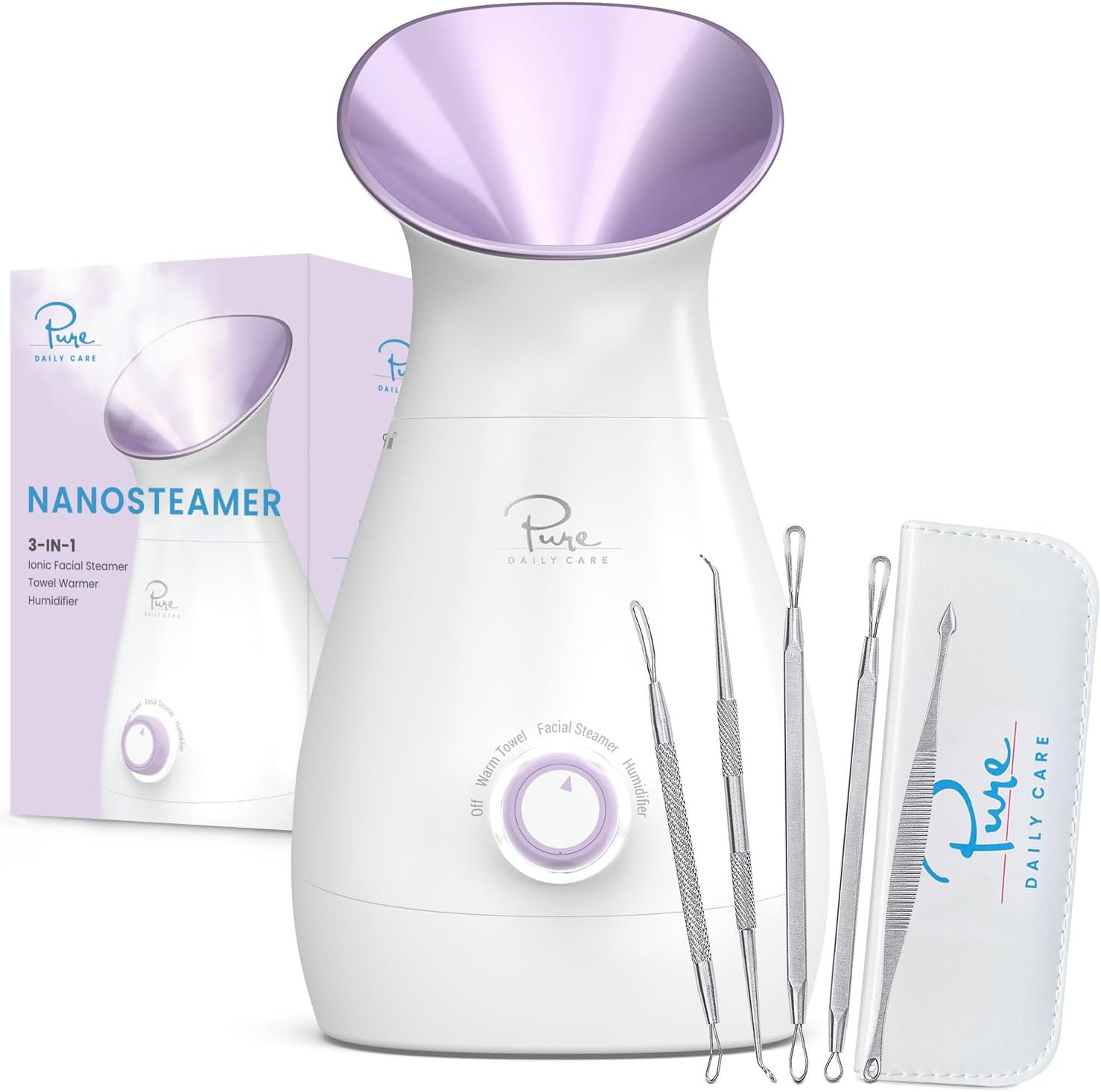 3-in-1 Nano Ionic Facial Steamer with Temp Control & Bonus Skin Kit – Lilac