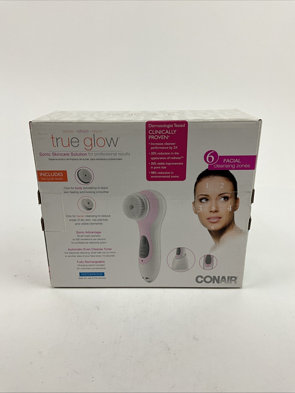 New Open Box Conair True Glow Rechargeable Sonic Skincare Facial Brush – Pink