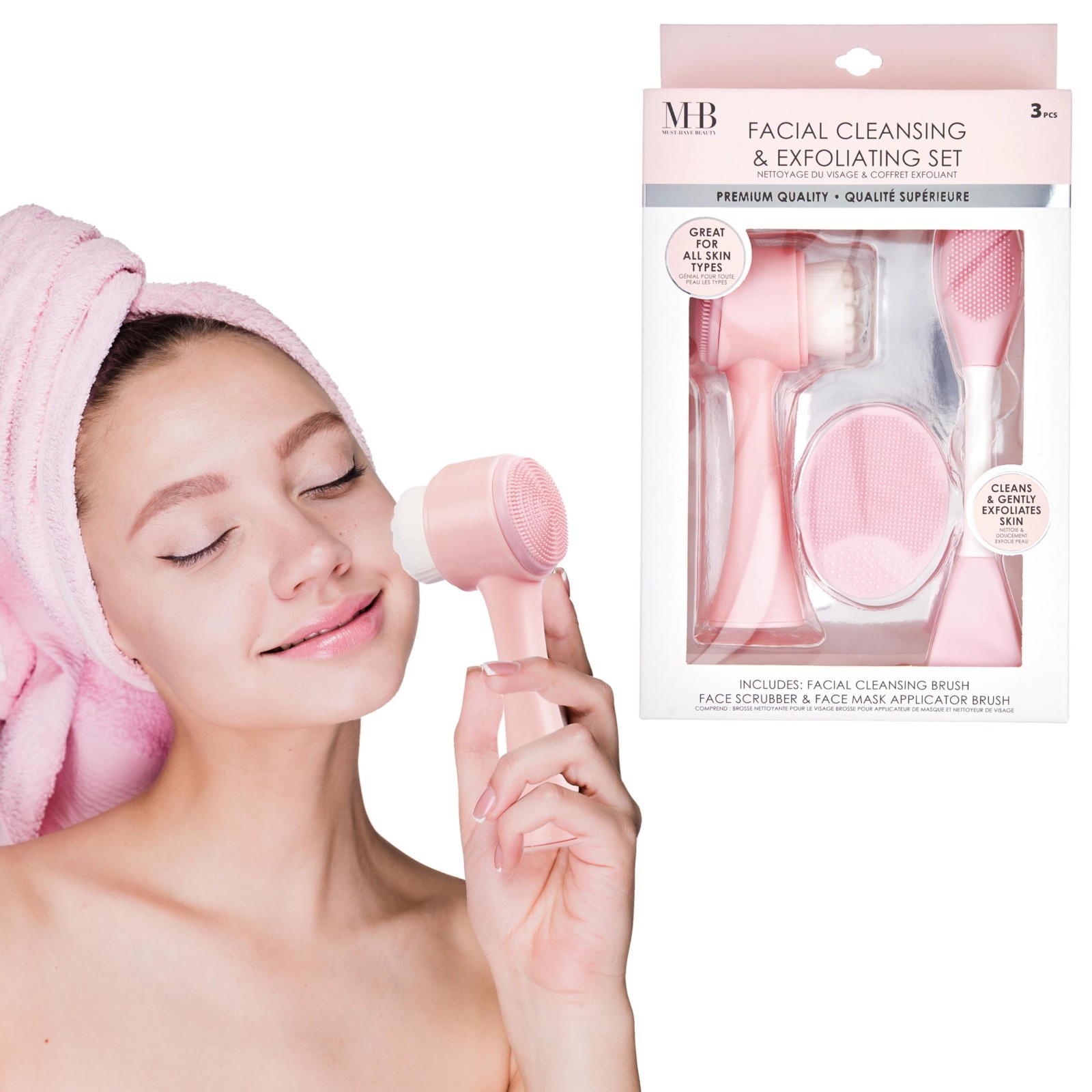 3pc Facial Cleansing Set – Exfoliating Scrub, Cleansing Brush & Face Wash Kit fo