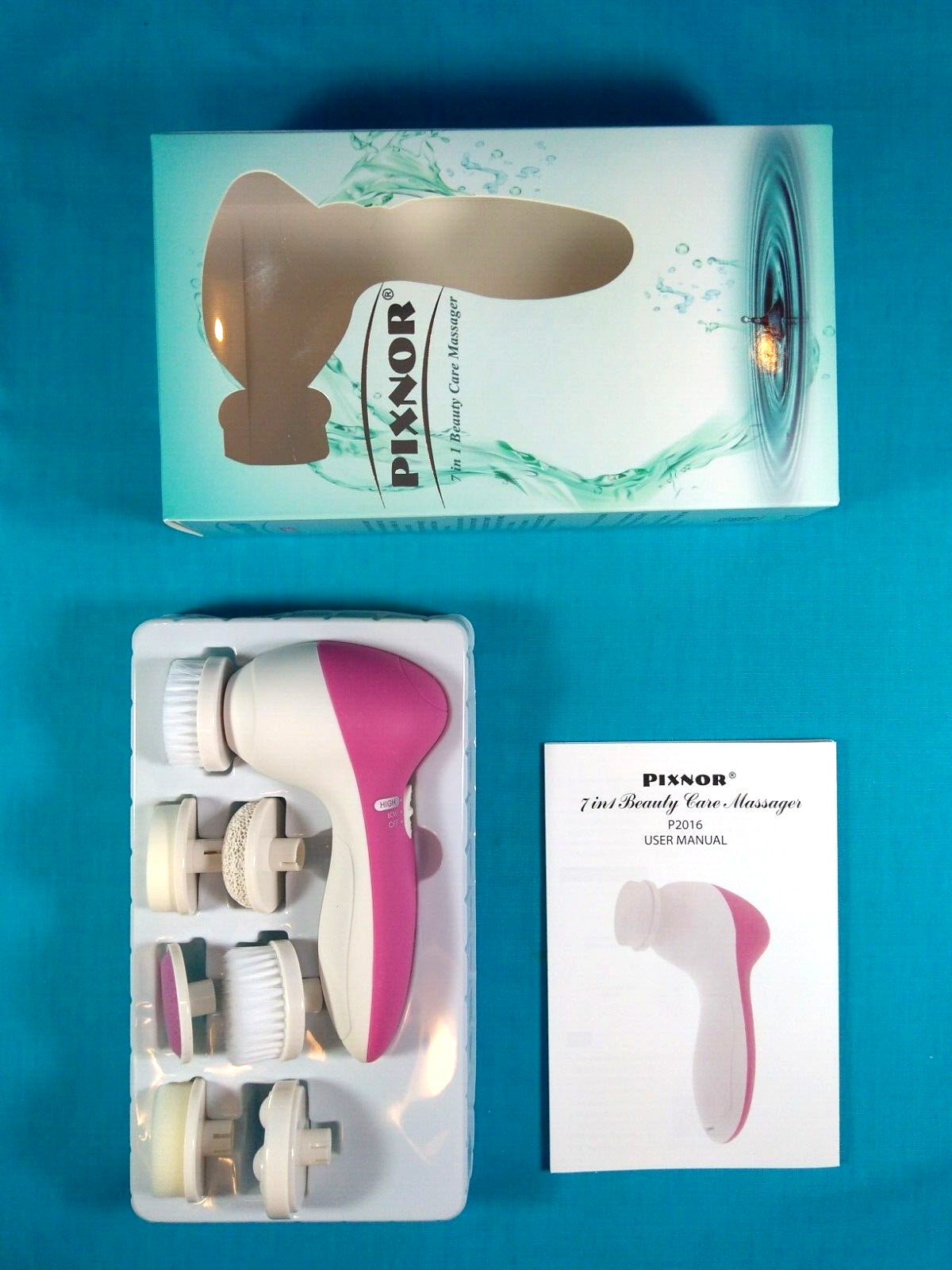 NIB~PIXNOR P2016 Facial Brush 7 in 1 Facial Massager~ Clean Face Cleansing Heads