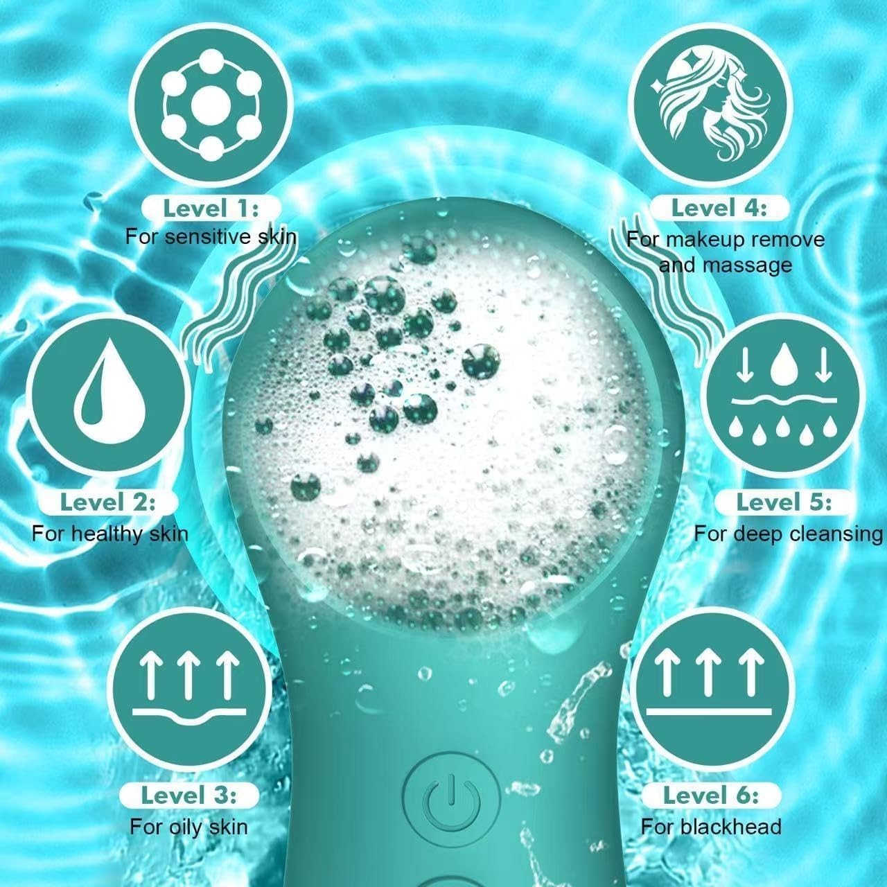 Smart Water-Resistant Silicone Facial Cleansing Brush with 6-Speed Vibration