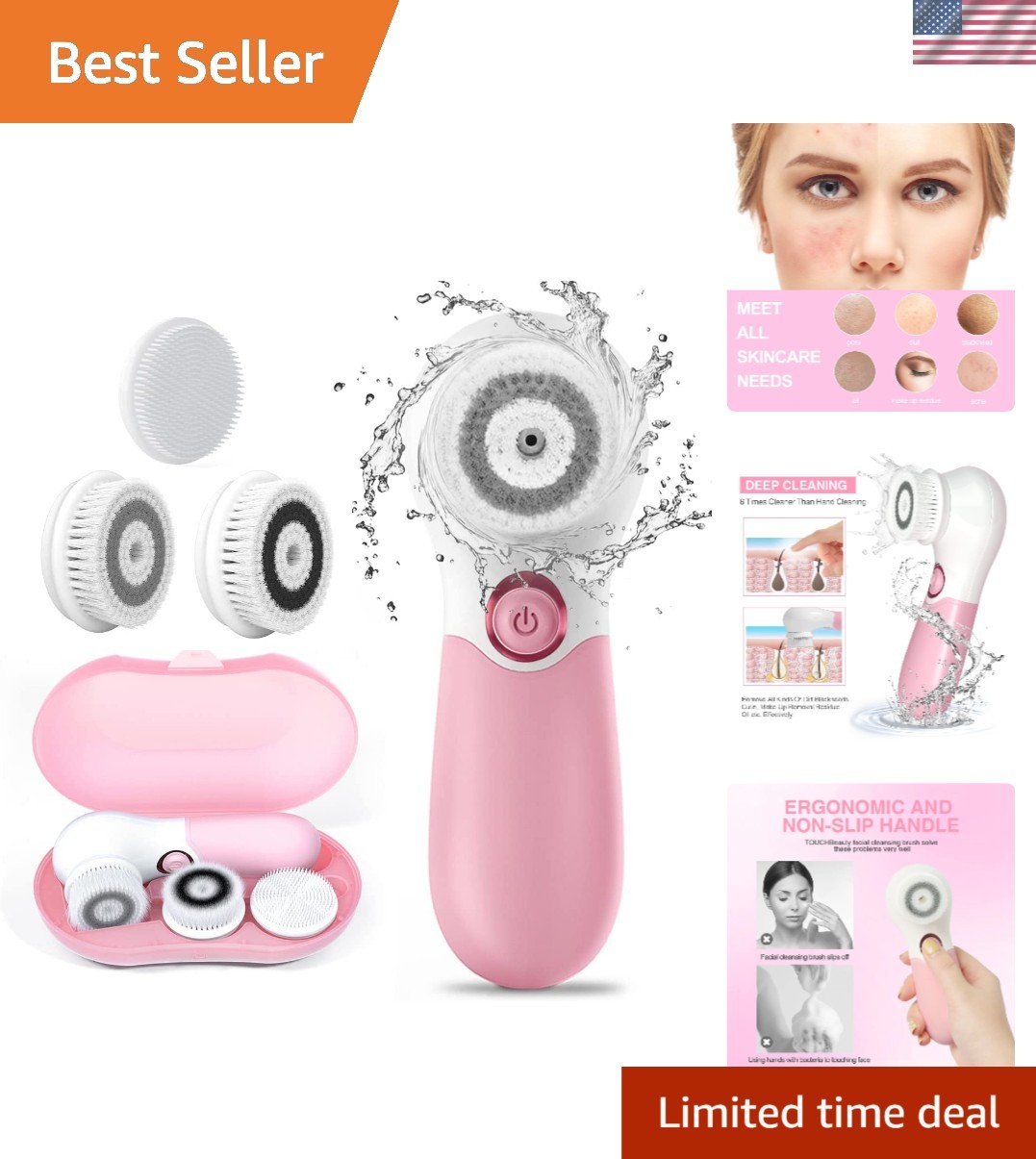 Spin Brush Face Cleanser with 3 Brush Heads for Deep Cleansing Exfoliation an…
