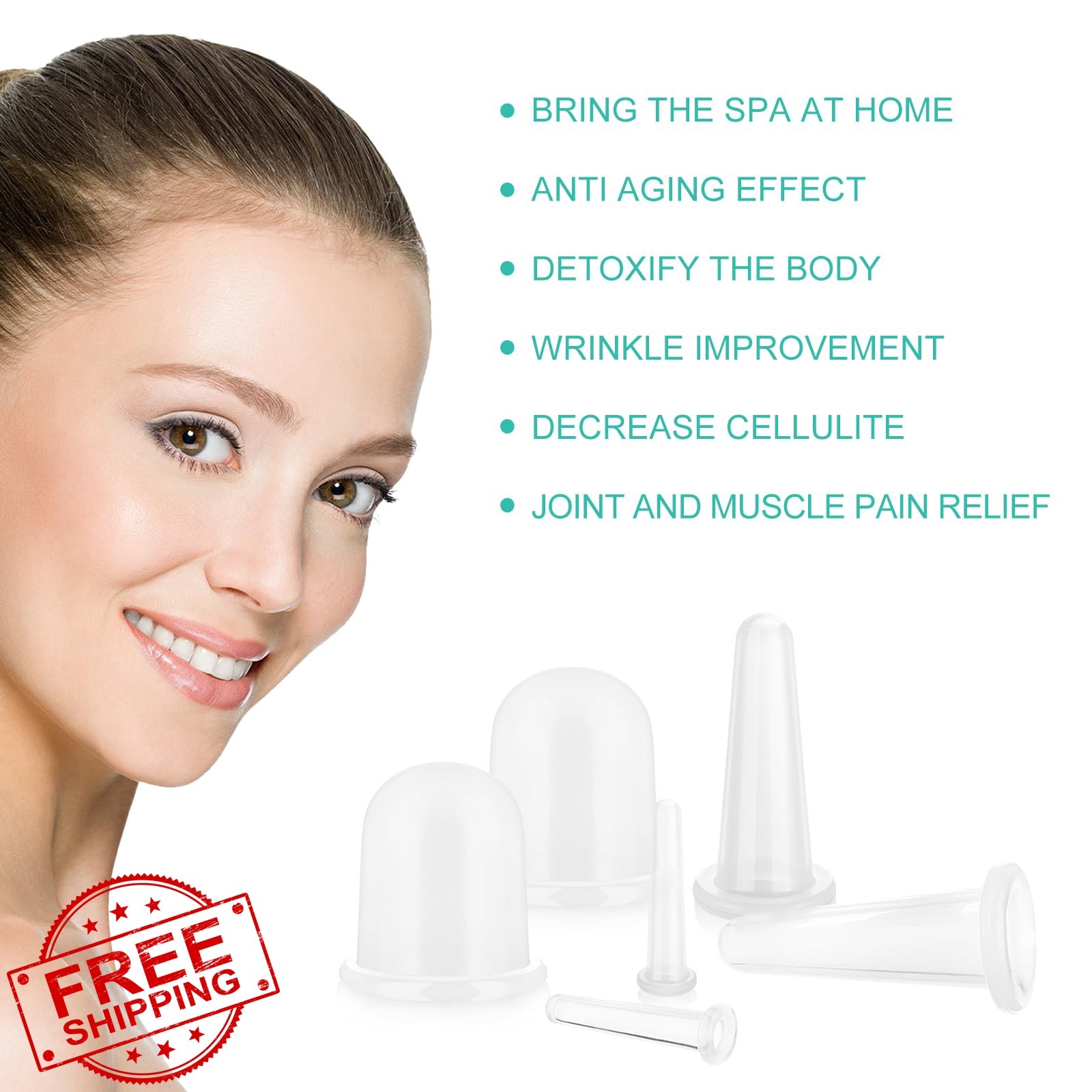 BBTO Clear Silicone Facial Cupping Set 6 Cups Brush
