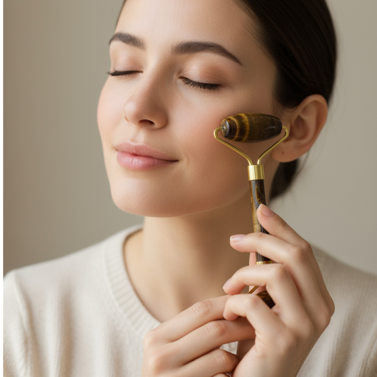 Natural Tiger Eye Crystal Facial Roller | Golden Brown Gemstone Beauty Tool