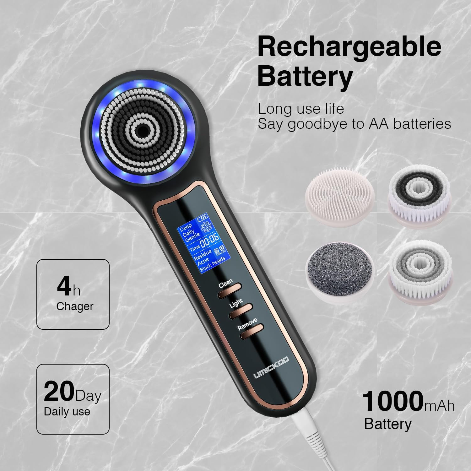 Electric Facial Cleansing Brush with LCD Screen, 3-In-1 Face Scrubber & Optional