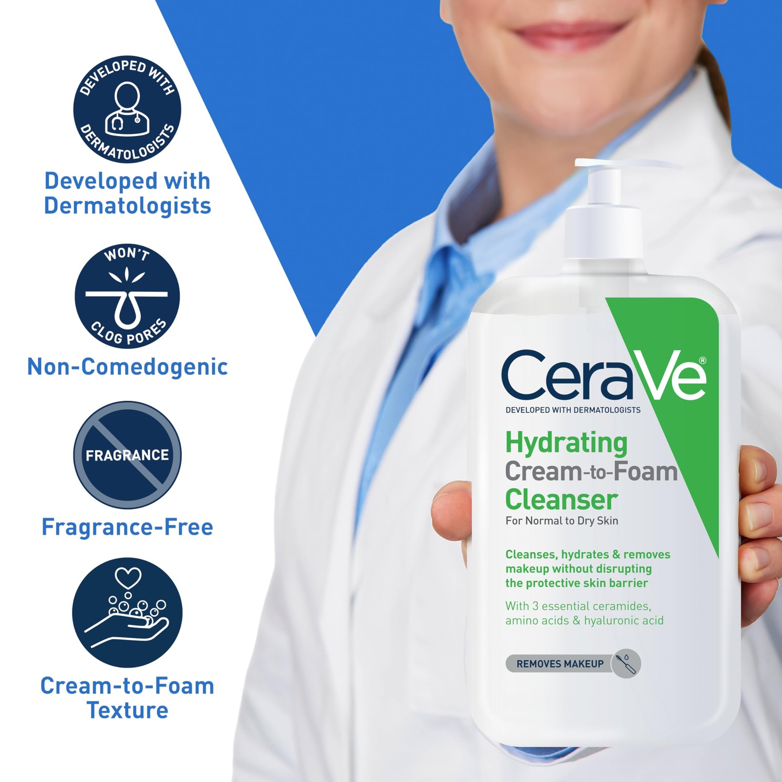 CeraVe Hydrating Cream To Foam Cleanser, Makeup Remover Face Wash 19 Fl Oz