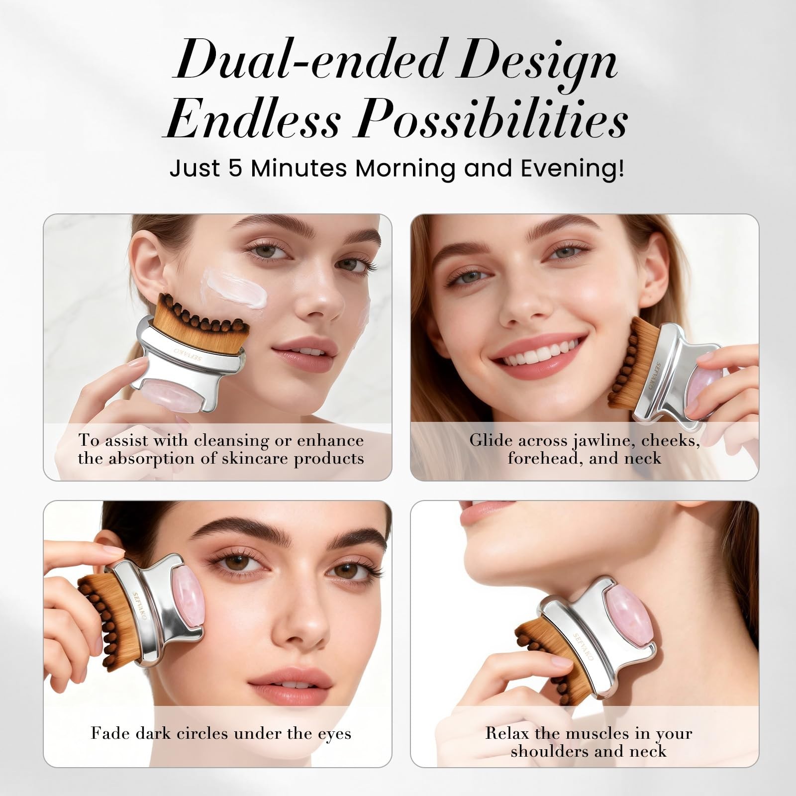 2-in-1 Lymphatic Drainage Face Brush & Rose Quartz Roller for Contouring, Sculpt