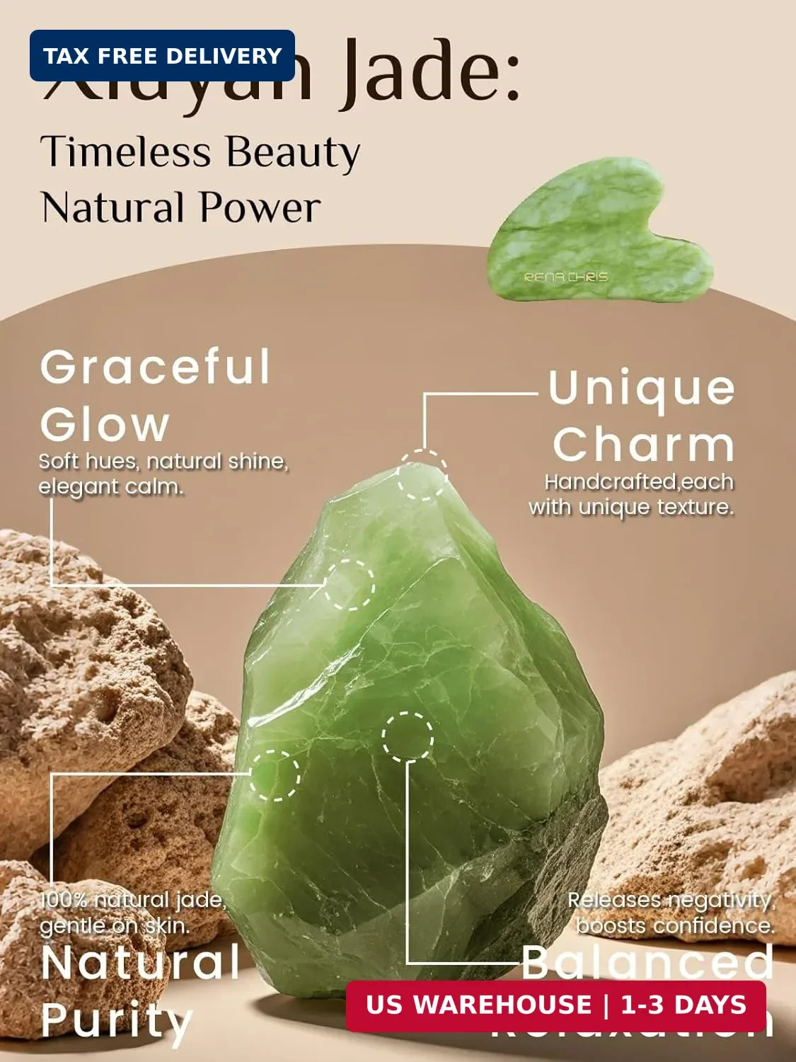Rena Chris Gua Sha Facial Tools: Natural Jade Stone Guasha Tool for Face Acupunc