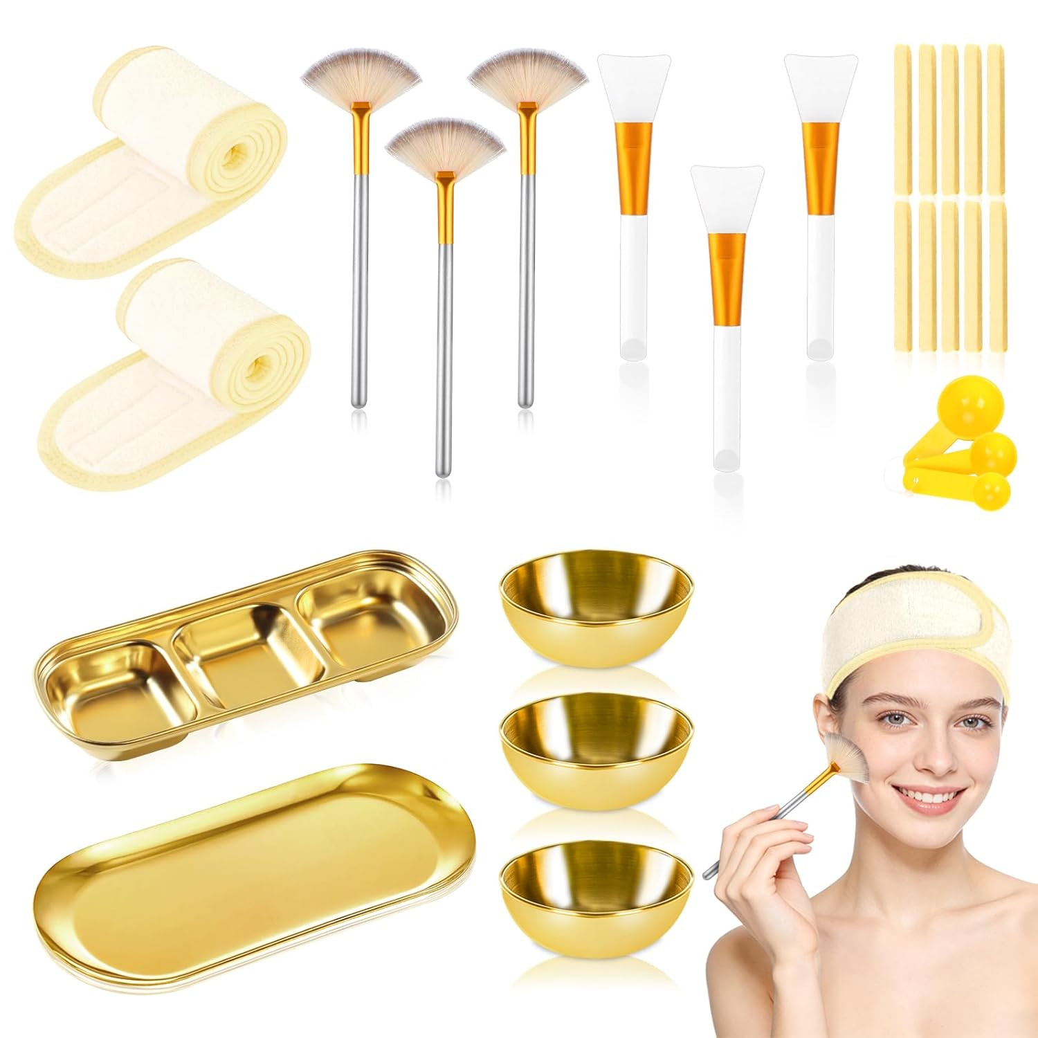 28 Gold Facial Supplies 3 Facial Mask Mixing Bowls 3 Facial Fan Brushes 3 Mask A