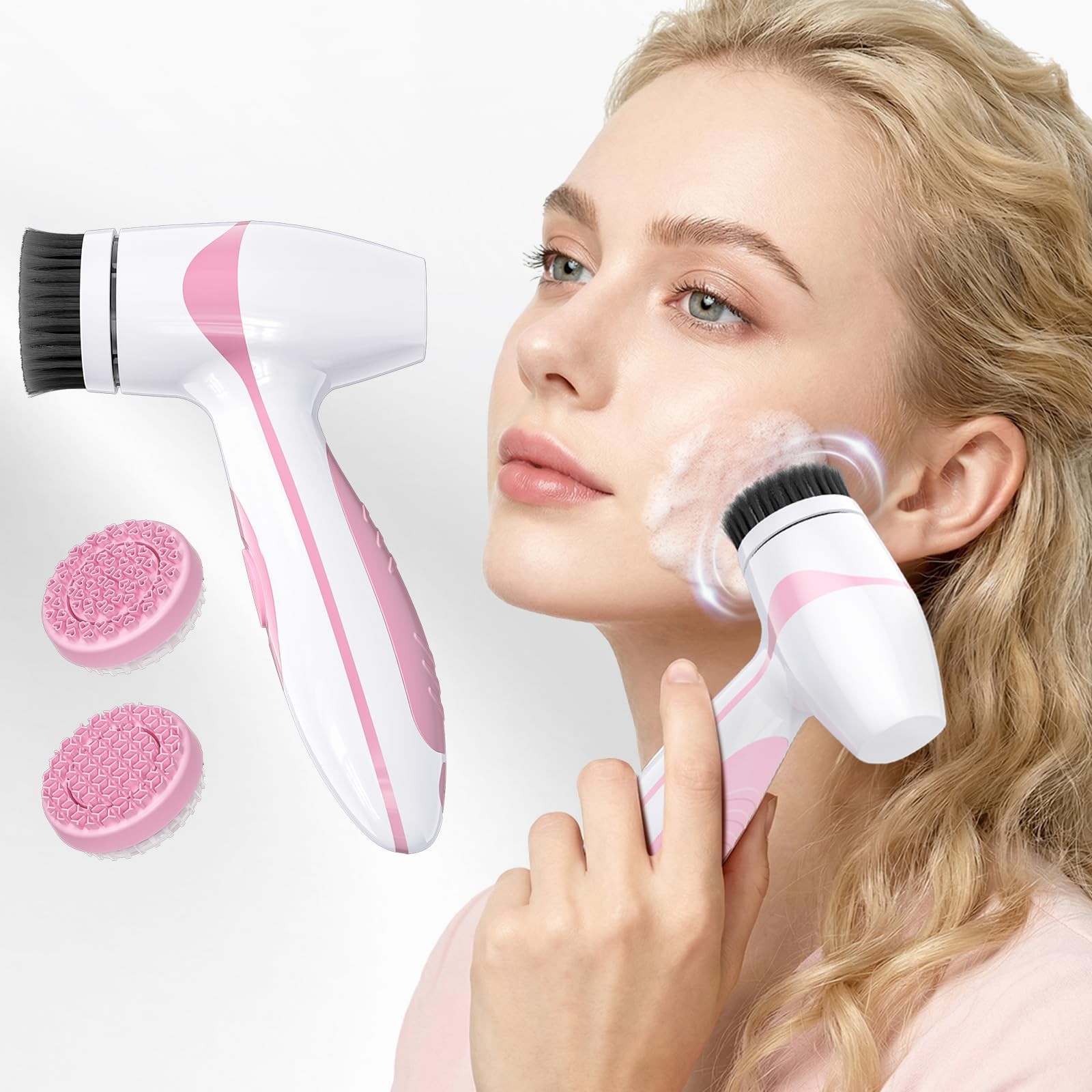 Rechargeable Cleansing Brush – Dual Rotating Scrubber with 3 Brush Heads, Wat…
