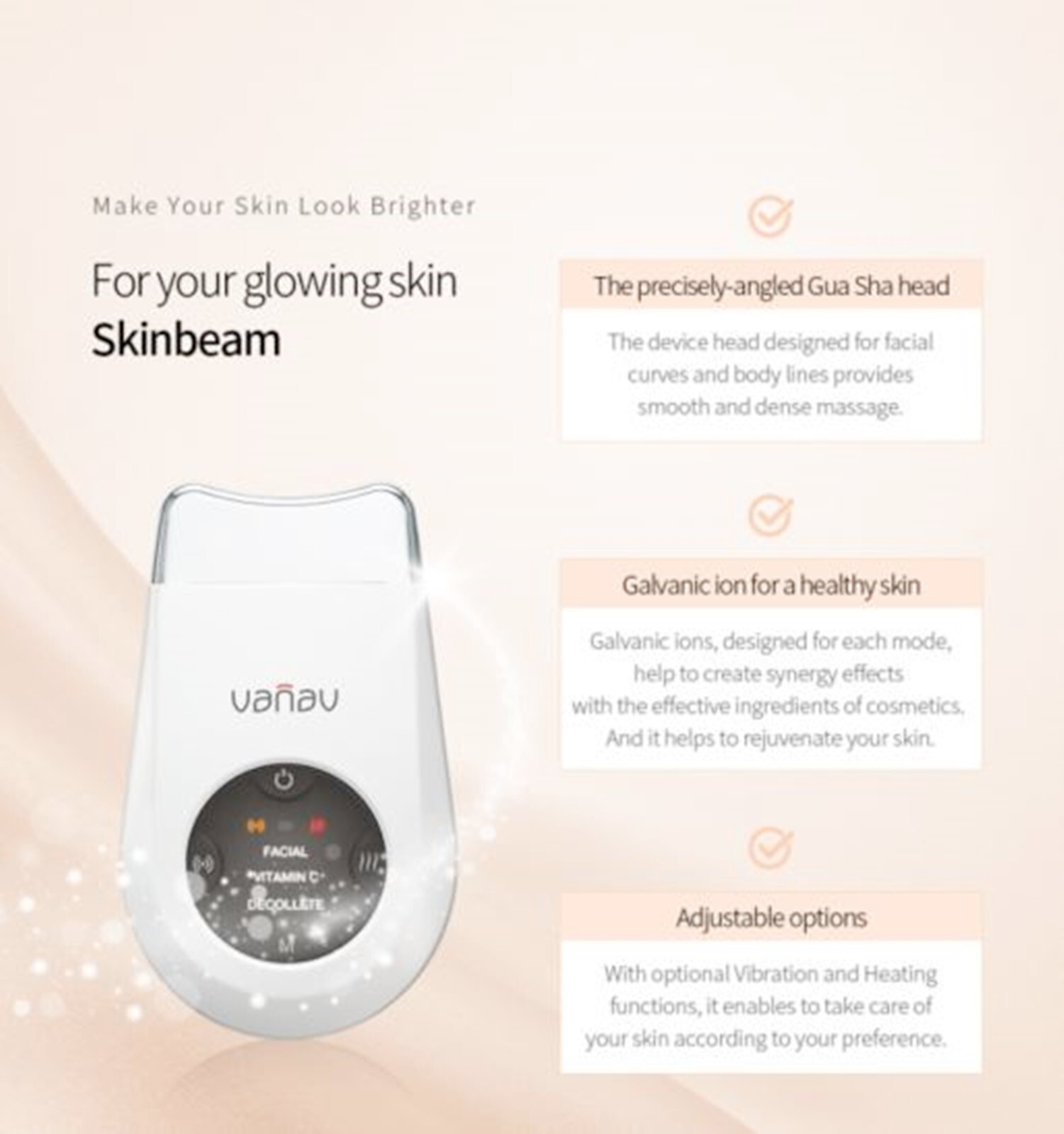 VANAV SKIN BEAM Galvanic LED Neck Facial Massager Gua sha head SKB-1000