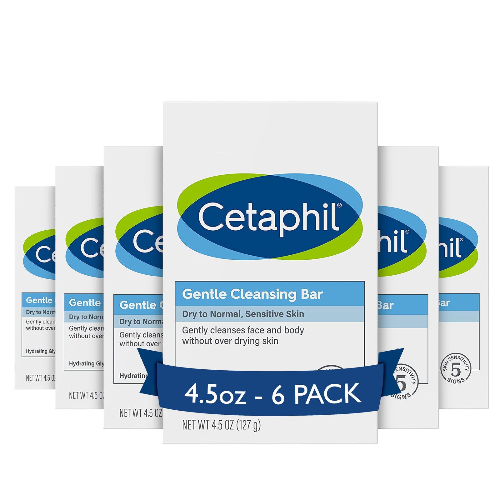 Cetaphil Gentle Cleansing Face and Body Bar, 4.5 Ounce (Pack of 6), white