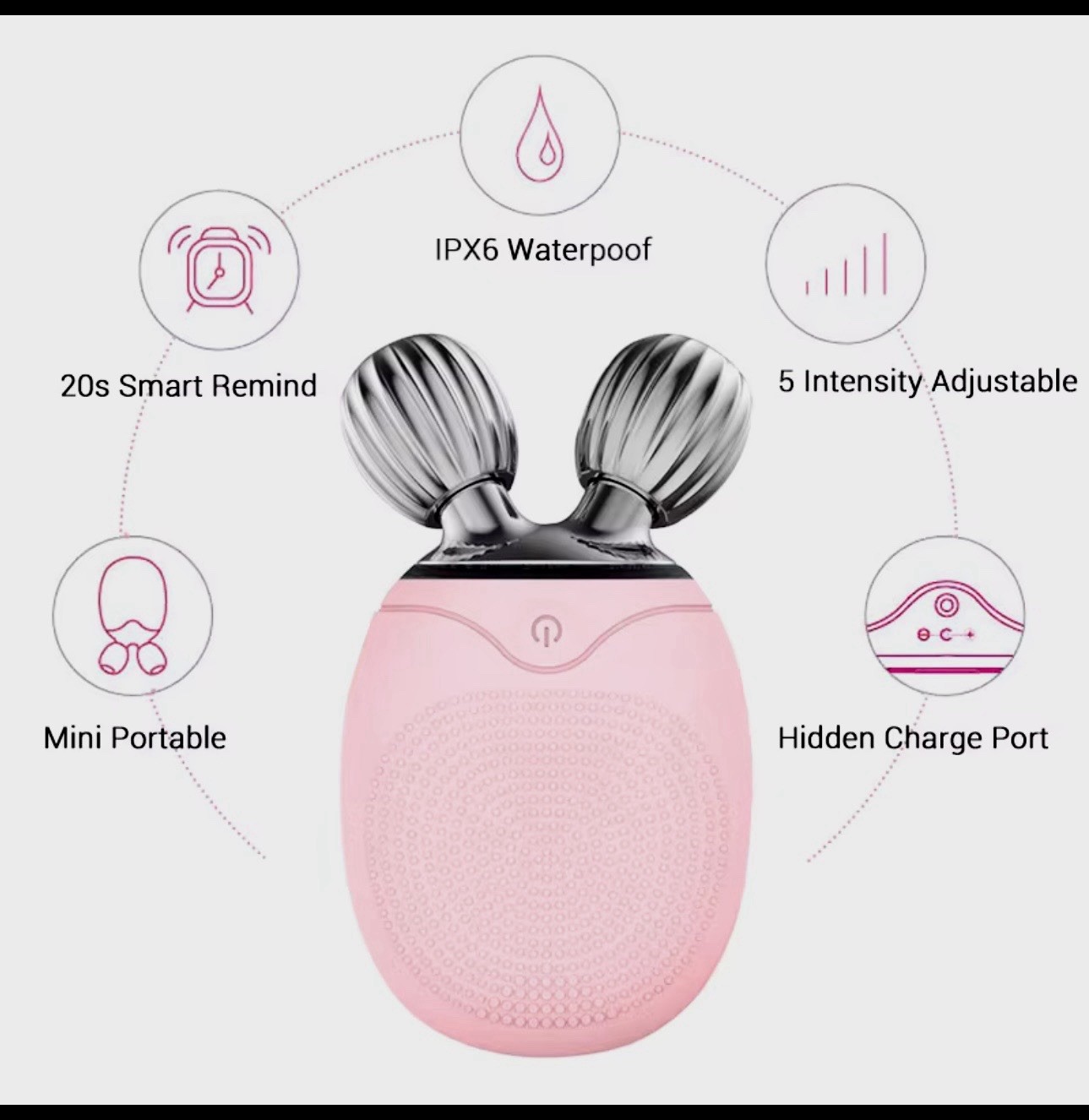 BORN FOR BEAUTY Mini Roller Facial Brush Silicone 5-Speed USB Waterproof Pink