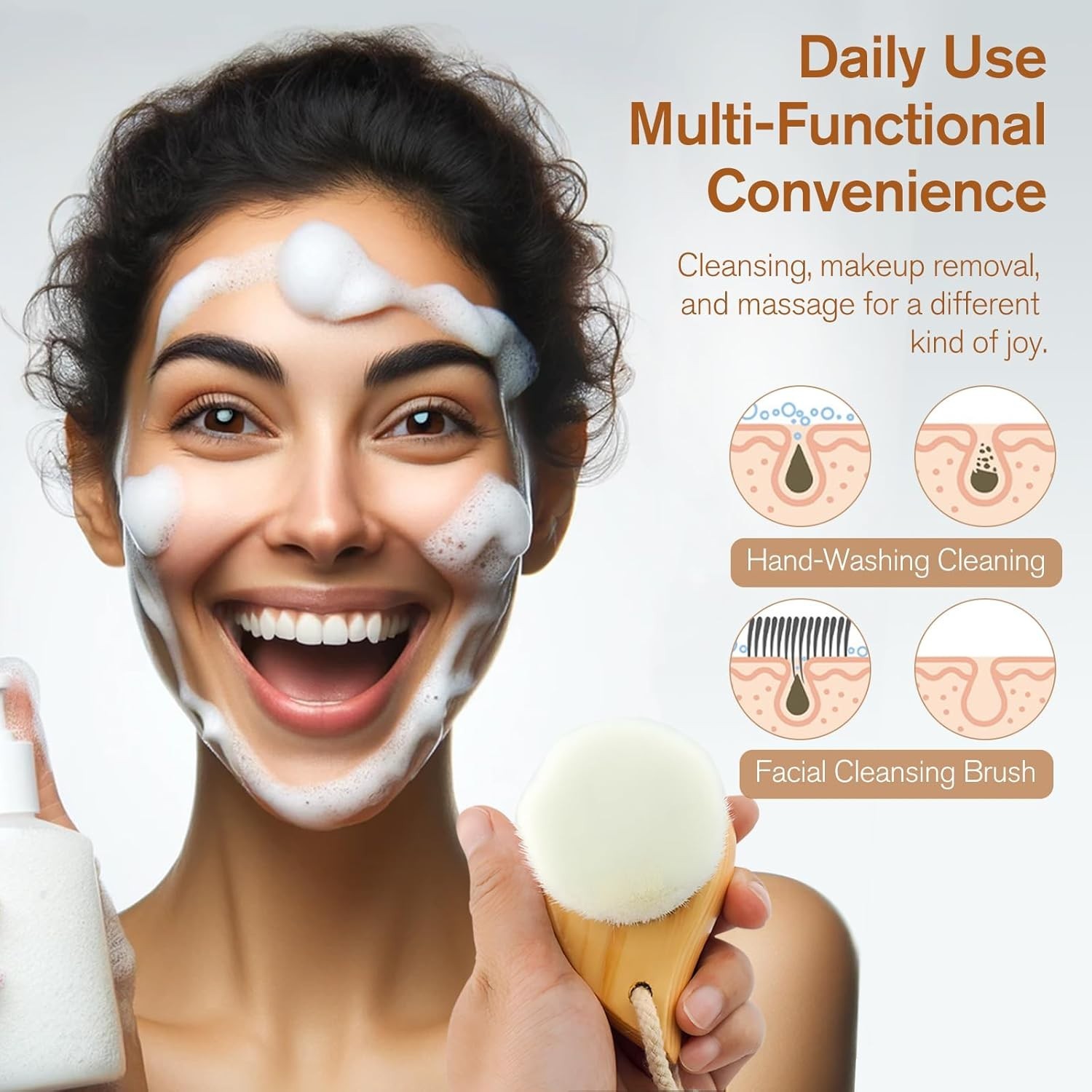 Soft Bristle Facial Cleansing Brush Deep Pore Cleaner Ergonomic Handle Brown