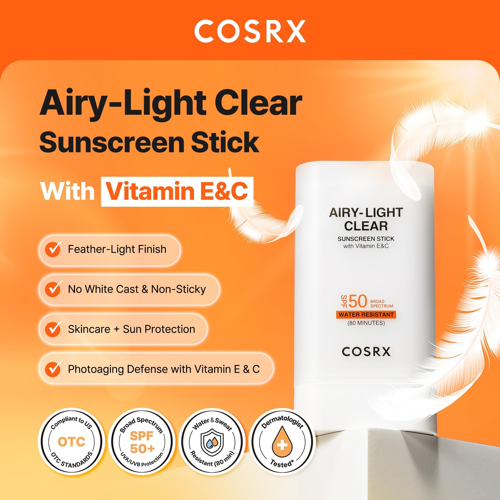 COSRX Airy-Light Clear Sunscreen Stick with Vitamin 0.67 Ounce (Pack of 1)