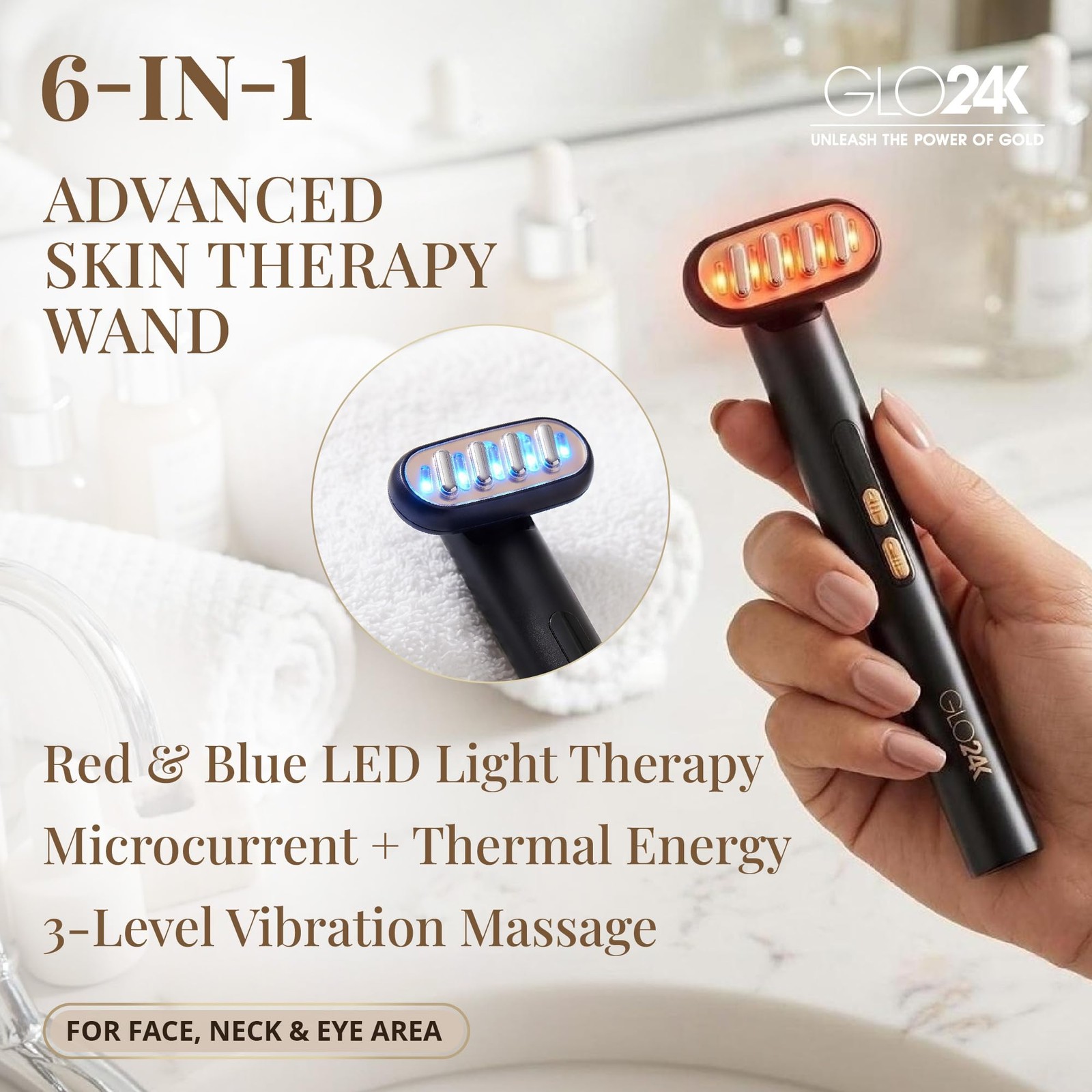 GLO24K 6-in-1 LED Beauty Wand for Face, Neck and Eye Area – Red & Blue Black