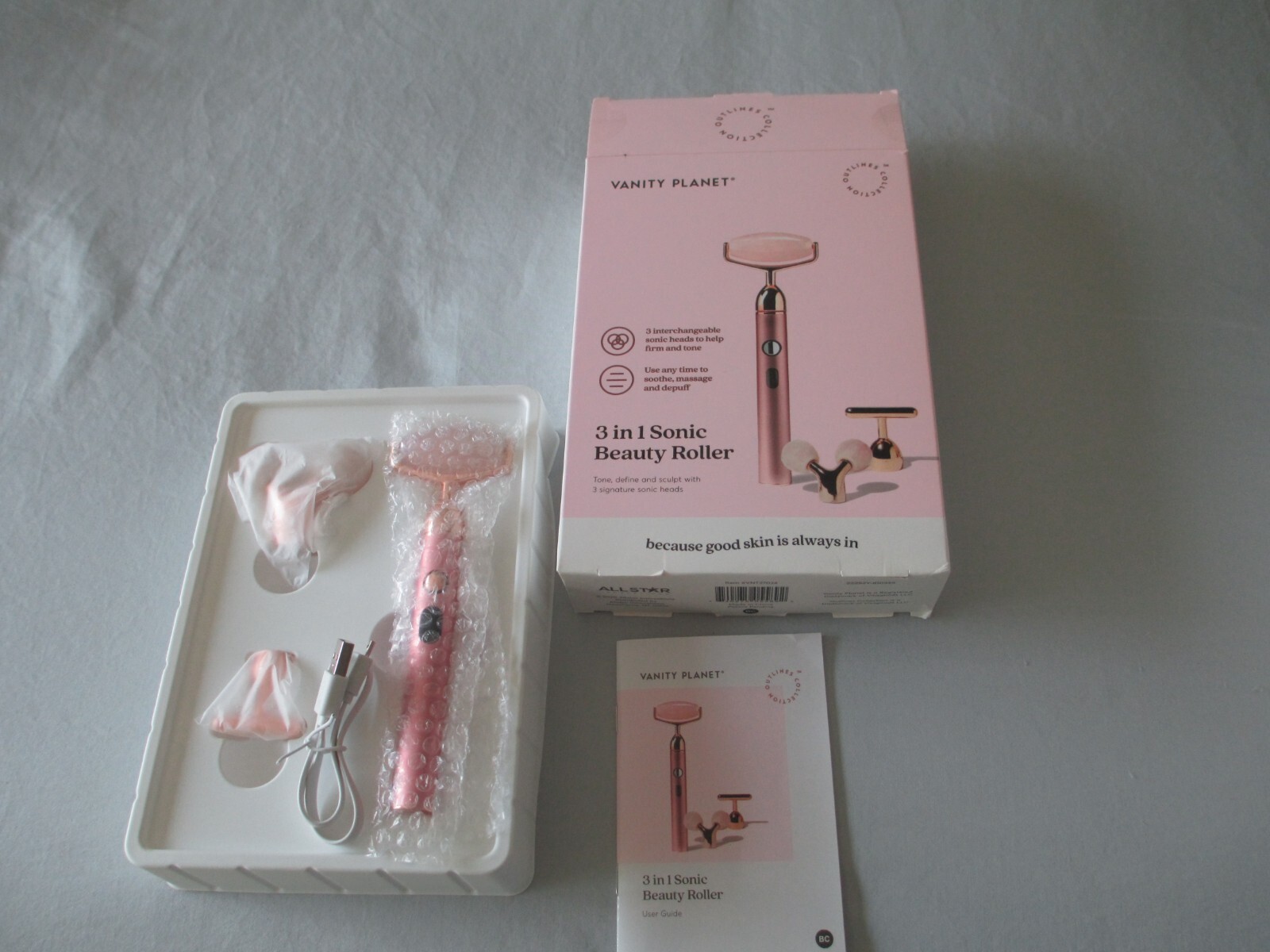Vanity Planet 3 in 1 Vibrating Sonic Beauty Roller- Rose Quartz, 3 Modes