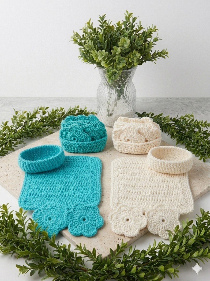 Handmade Crochet Spa Set: Reusable Face Scrubbies, Washcloth & Basket Holder
