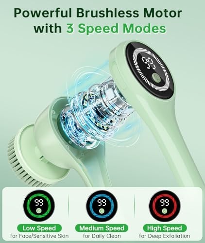 Waterproof Electric Body Brush with Long Handle, 5 Heads, 3-Speed Rechargeable S