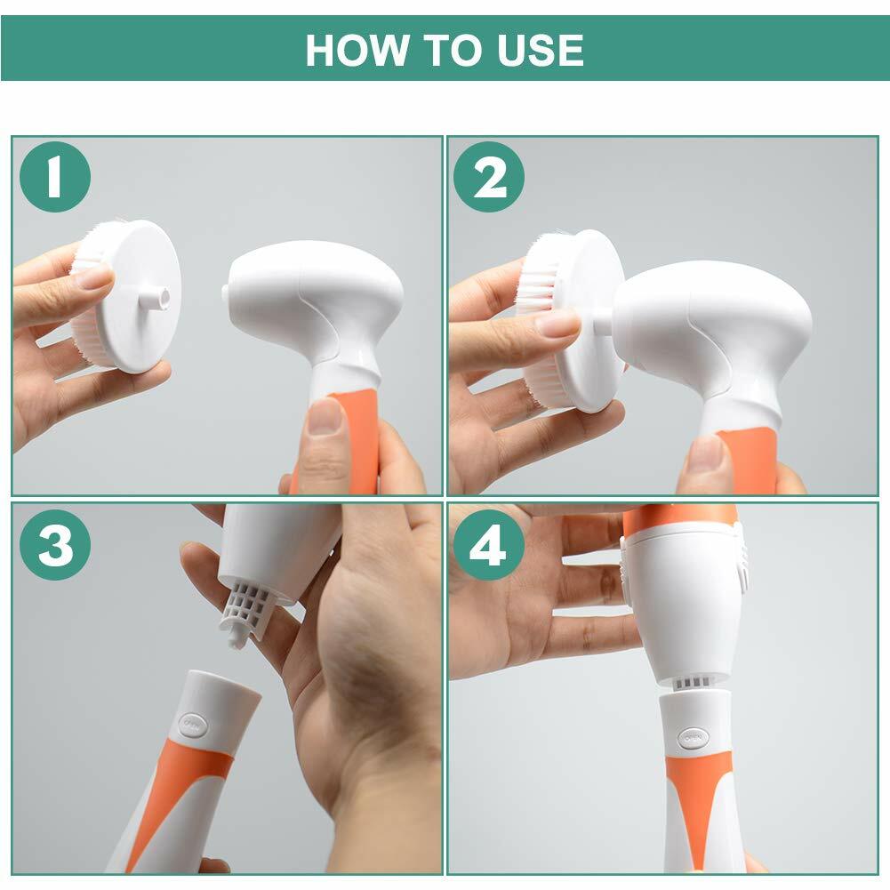 Electric Shower Brush Long Handle 4 Replaceable Heads Rotate Waterproof Brush