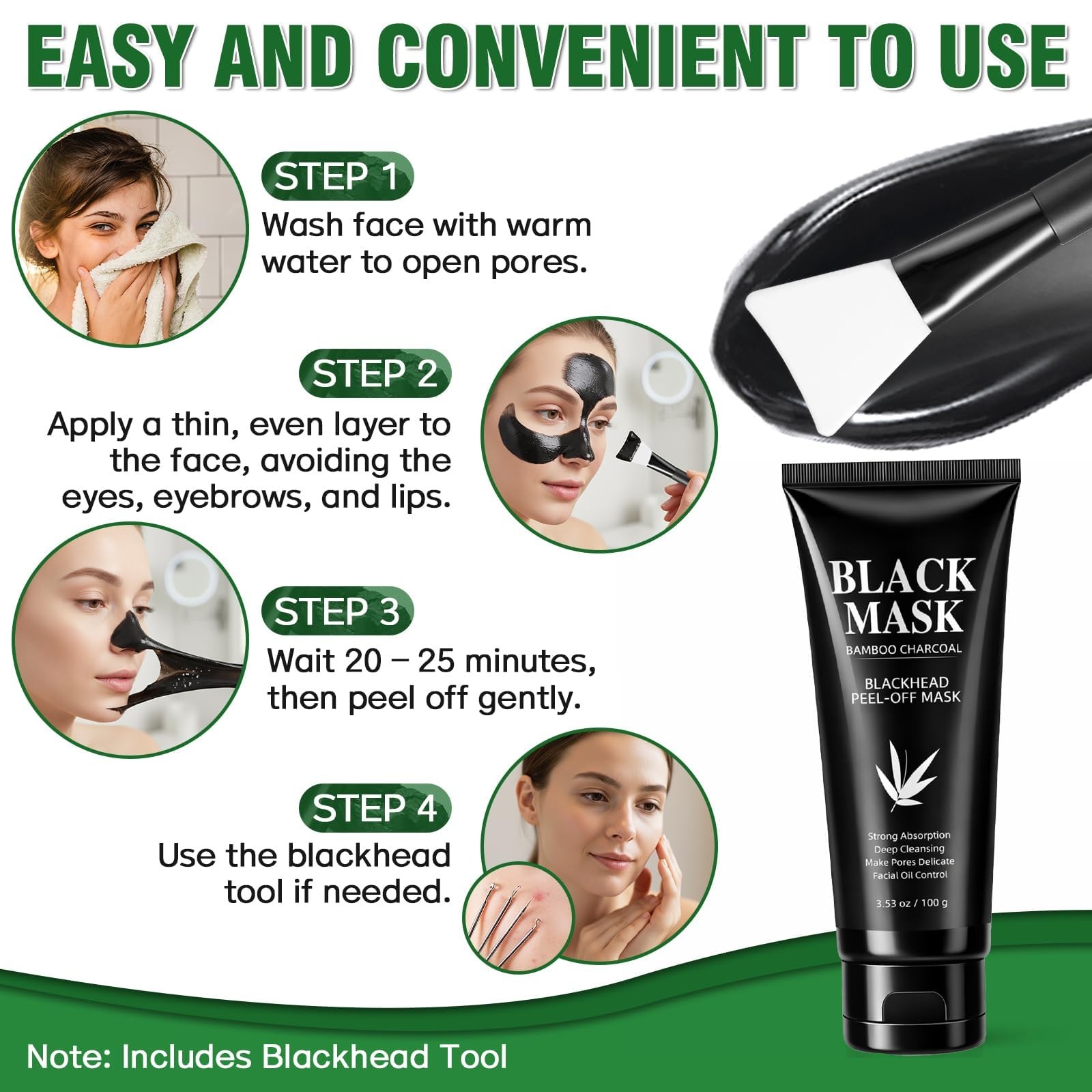 Nozerix Blackhead Remover Mask, Charcoal Peel 3.53 Fl Oz (Pack of 1), Black