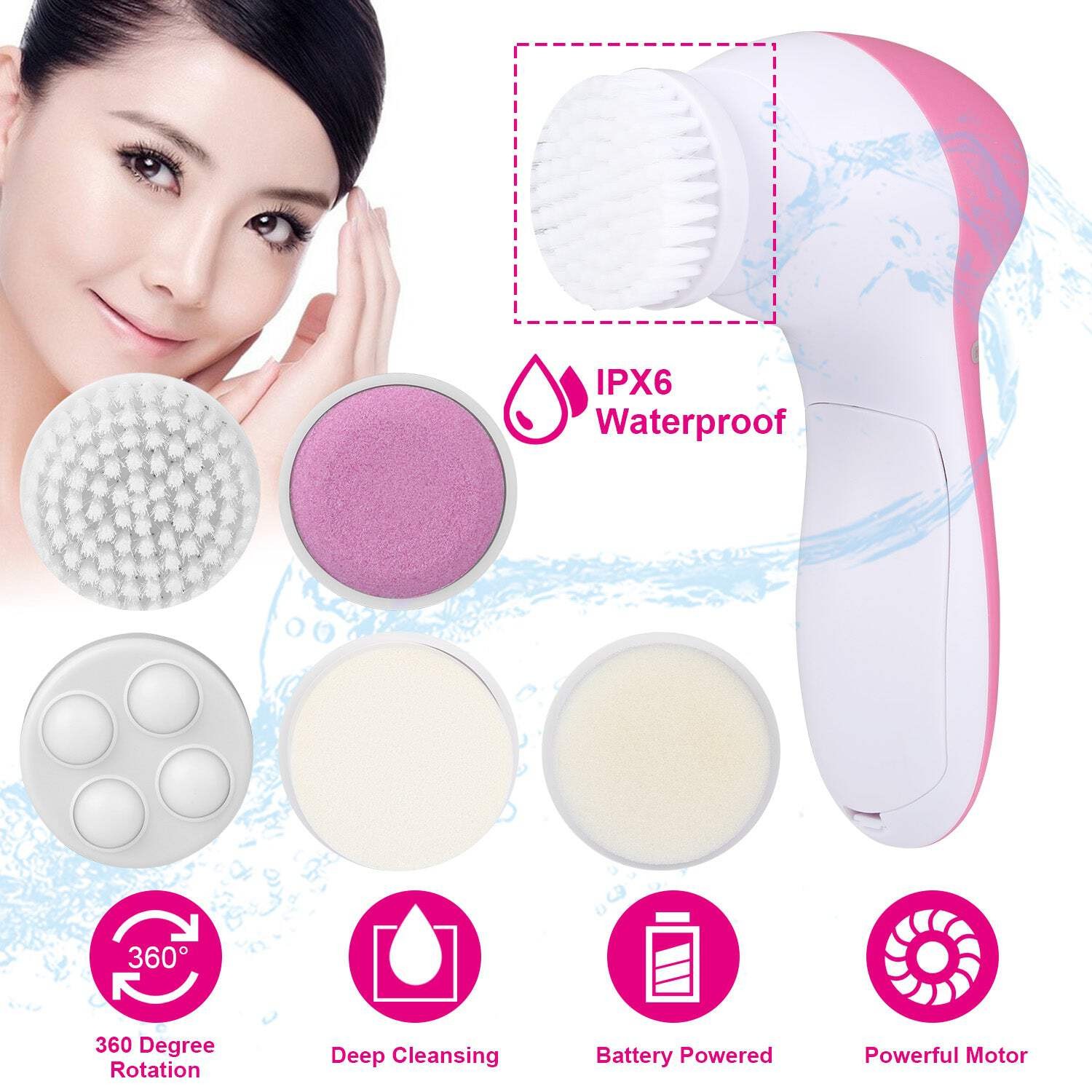 Facial Cleansing Brush Waterproof Face Spin Cleaning Brush with 5 Brush Heads De