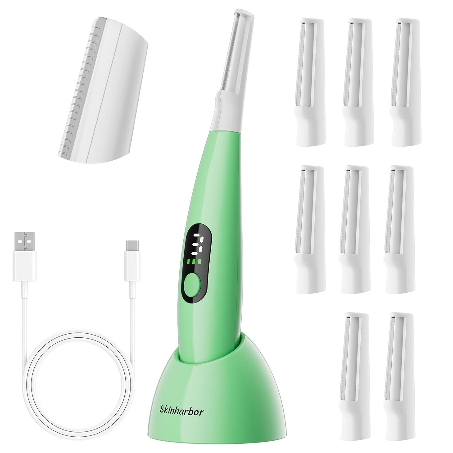 Skinharbor Sonic Dermaplane Razor Facial Hair Remover 8 Blades USB 3-Speed Green