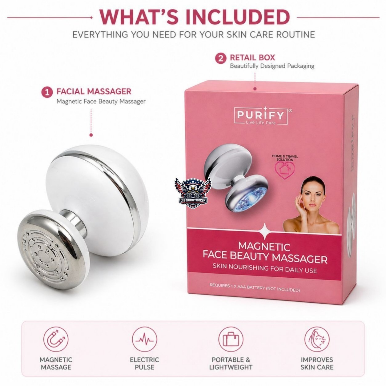 Purify Magnetic Face Beauty Massager Electric Pulse Facial Skin Care Tool Portab