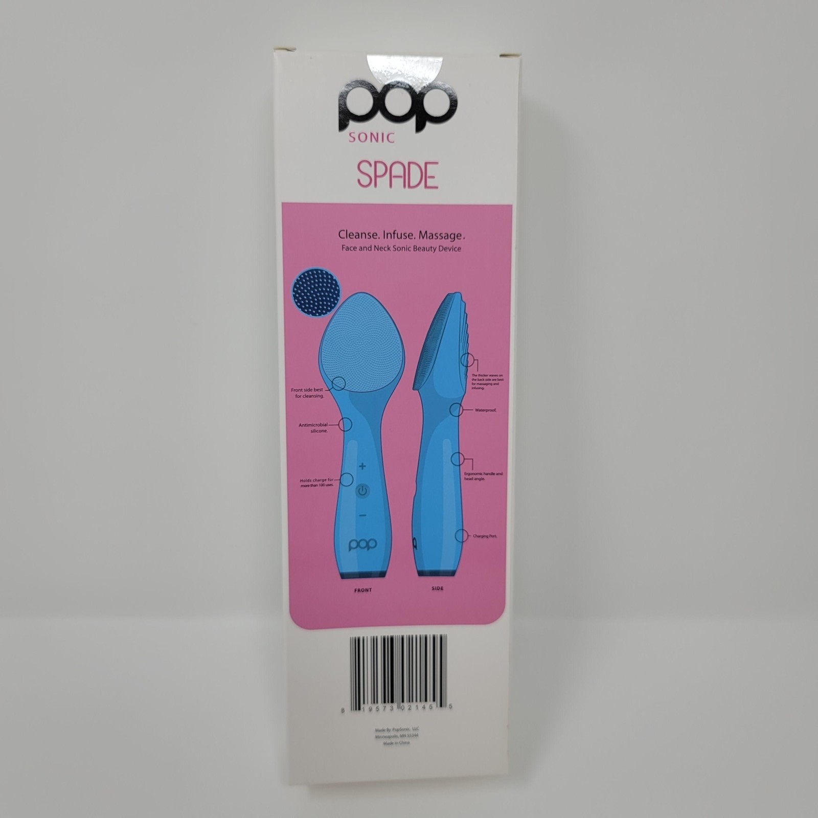 Pop Sonic Spade Face Neck Brush Silicone Sonic Cleansing Beauty Device Blue New