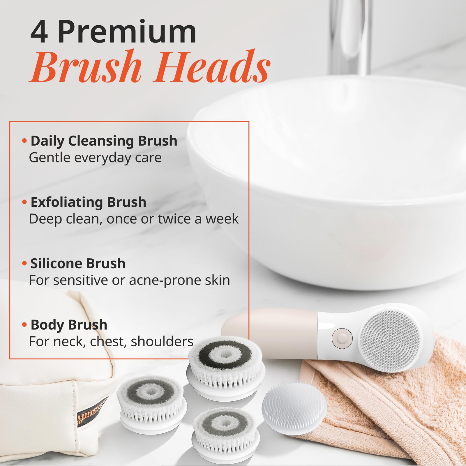 Vanity Planet Raedia Facial Cleansing Brush – Electric 4 Piece Set, Warm Gray