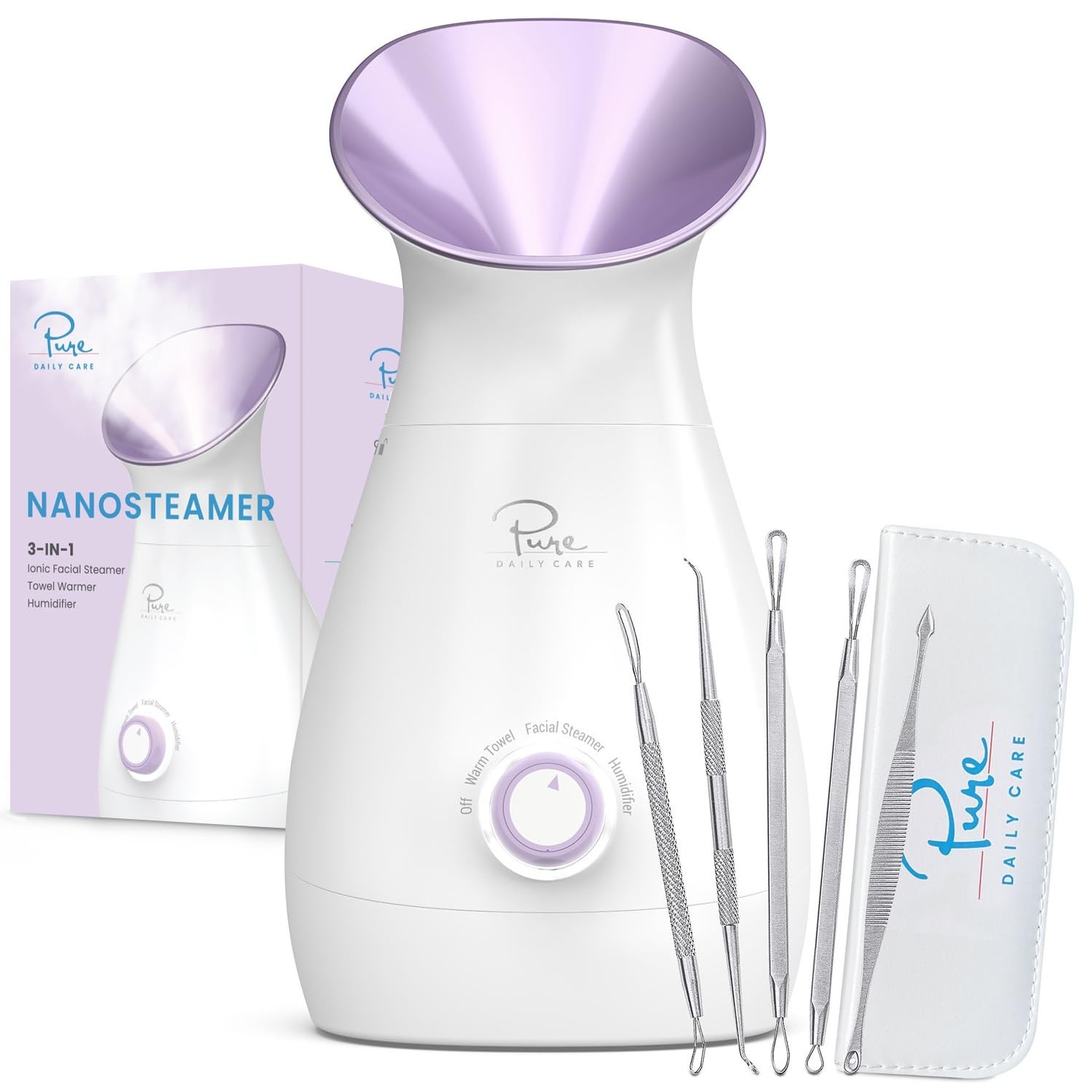 3-in-1 Nano Ionic Facial Steamer – Humidifier, Temp Control, Unclogs Pores, Spa