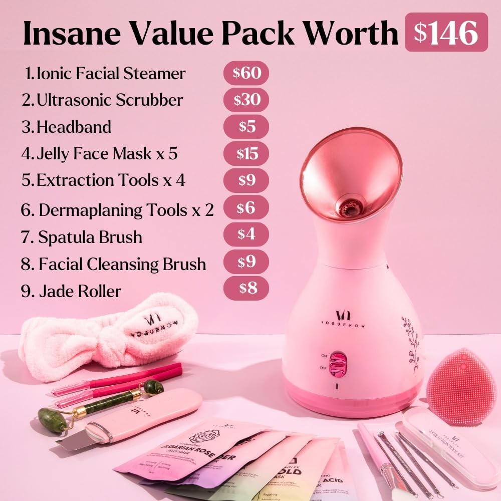 VogueNow LuxGlow Facial Steamer Spa Kit w/ 17 Tools Towel Warmer Pink BPA-Free
