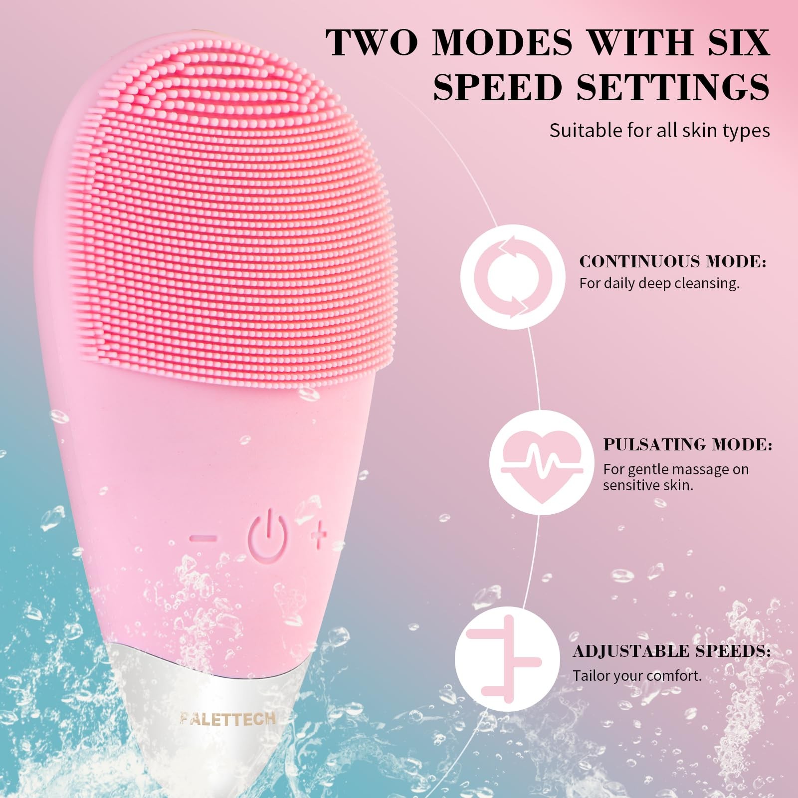 Facial Cleansing Brush, Rechargeable Silicone Face Scrubber with 5 Pink