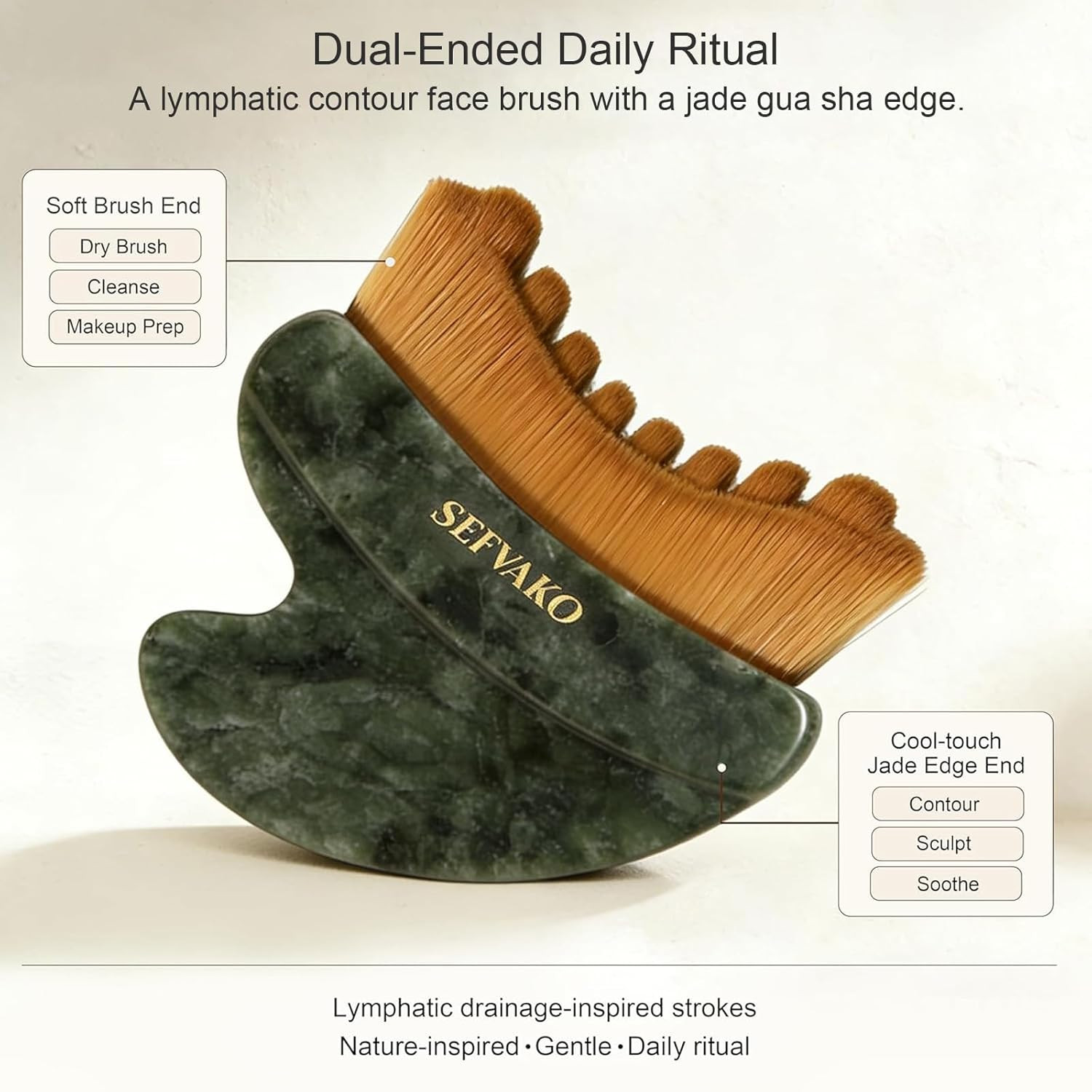 Lymphatic Contour Face Brush, Dual-Ended Dry Brush + Cool-Touch Jade Gua Sha Edg