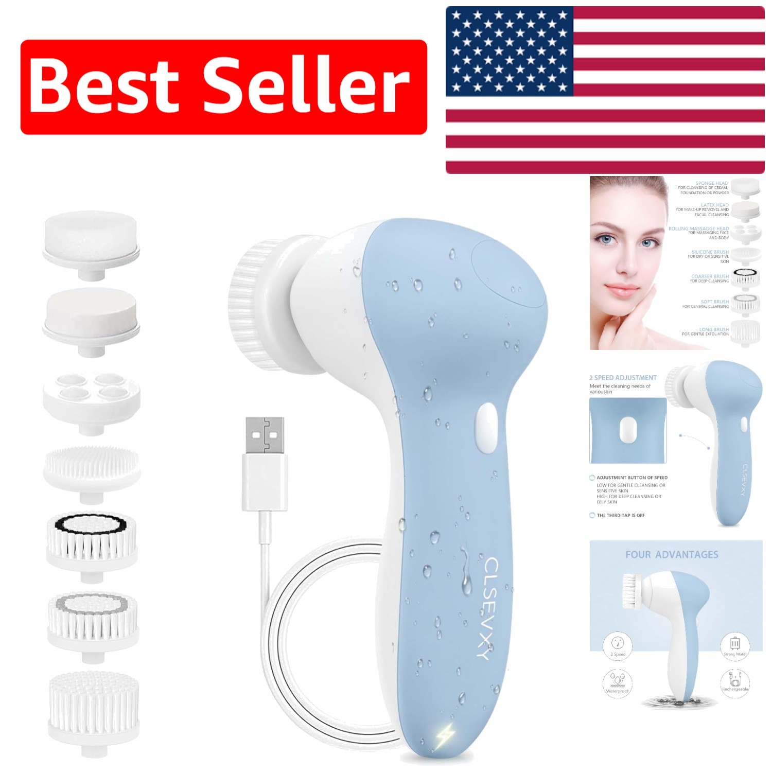 USB Rechargeable 7 Brush Heads Facial Cleansing System – Deep Clean & Exfoliate