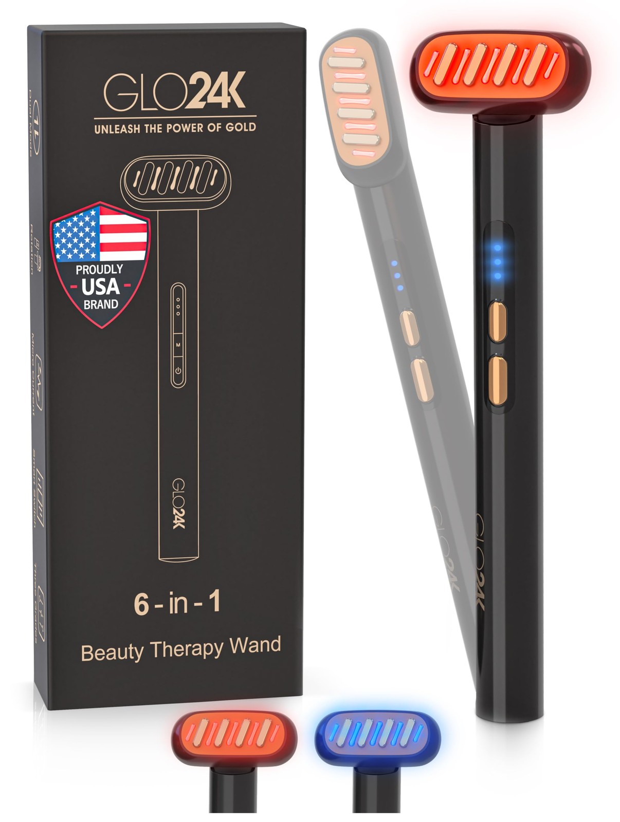 GLO24K 6-in-1 LED Beauty Wand for Face, Neck and Eye Area – Red & Blue Black