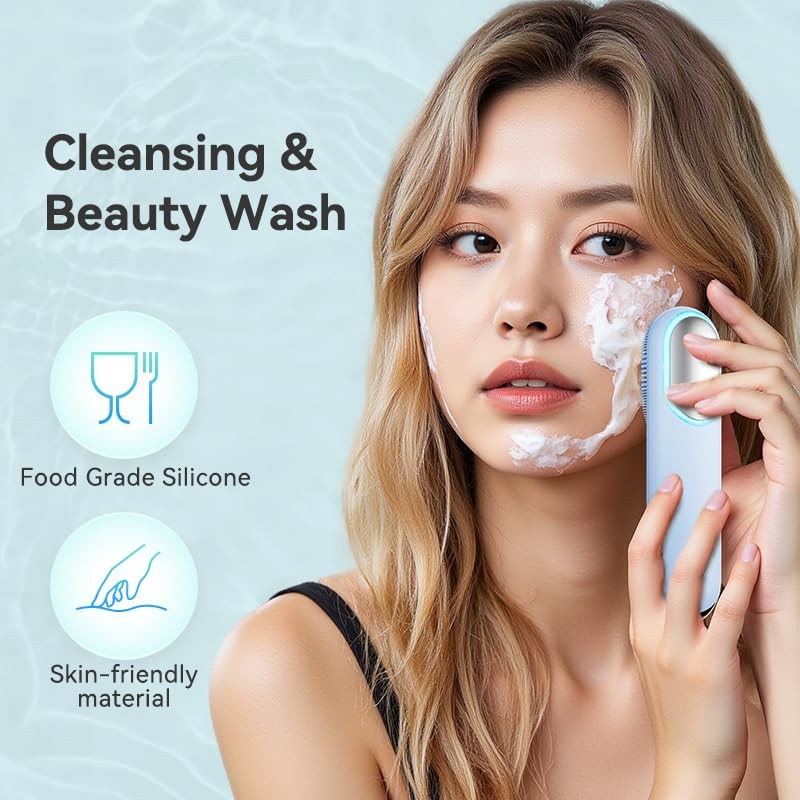 Silicone Facial Cleansing Brush, Portable Electric Face Scrubber with Hot Col…