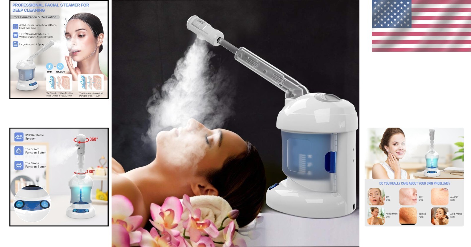 Professional Facial Steamer, Ozone Nano Ionic, Deep Clean, Hydrate, 400ml, White